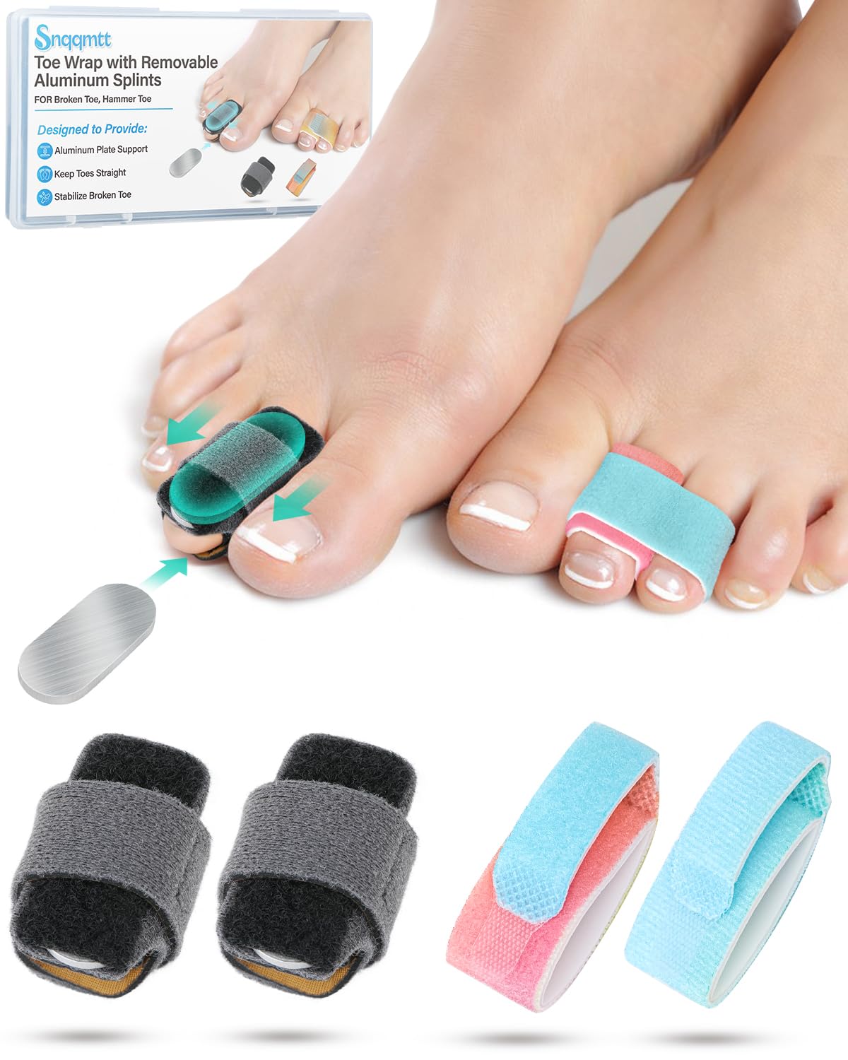 snqqmtt 2Pcs Hammer Toe Straightener with Removable Aluminum Plate and 2Pcs Broken Toe Wraps for Women & Men, Adjustable Toe Corrector for Curled & Bent Toe, Broken Support (Medium)