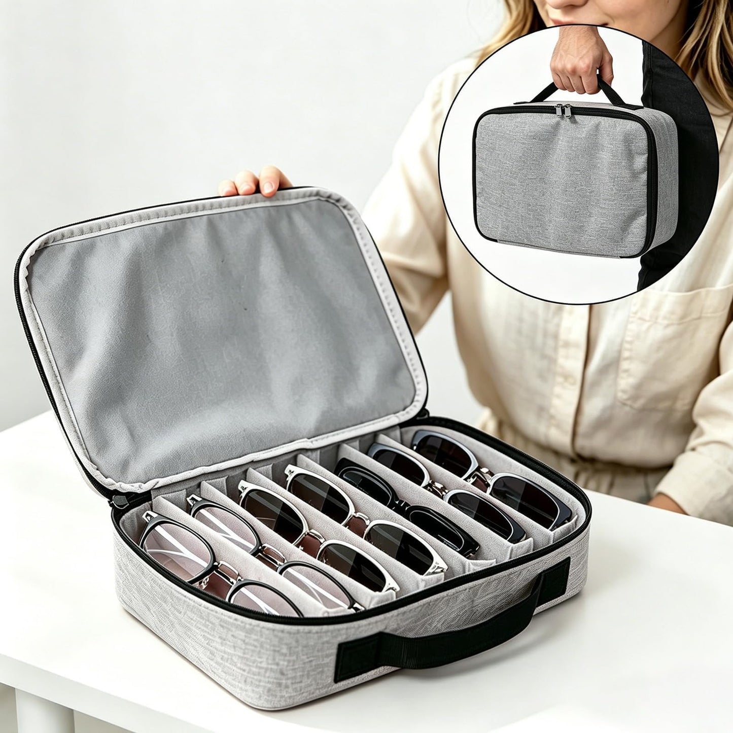 Travel Sunglasses Organizer Glasses Case Multiple Pairs Adjustable Slots Portable Eyeglasses Case Storage Box for Men Women (grey)