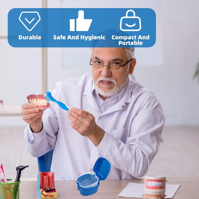 Denture Cleaner Box and Brush Set - 2 Pack Denture Bath Case with Basket + 2 Pack Denture Brush, Portable Denture Retainer Storage Box, False Teeth Brushes for Oral Care (Light and dark blue)