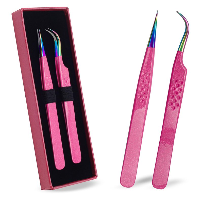 Precision Eyelash Extension Tweezers,Straight And Curved, with Fiber Tip, Volume & Isolation Tweezers, Japanese Stainless Steel, Unique Spotted Design (Pink Color)