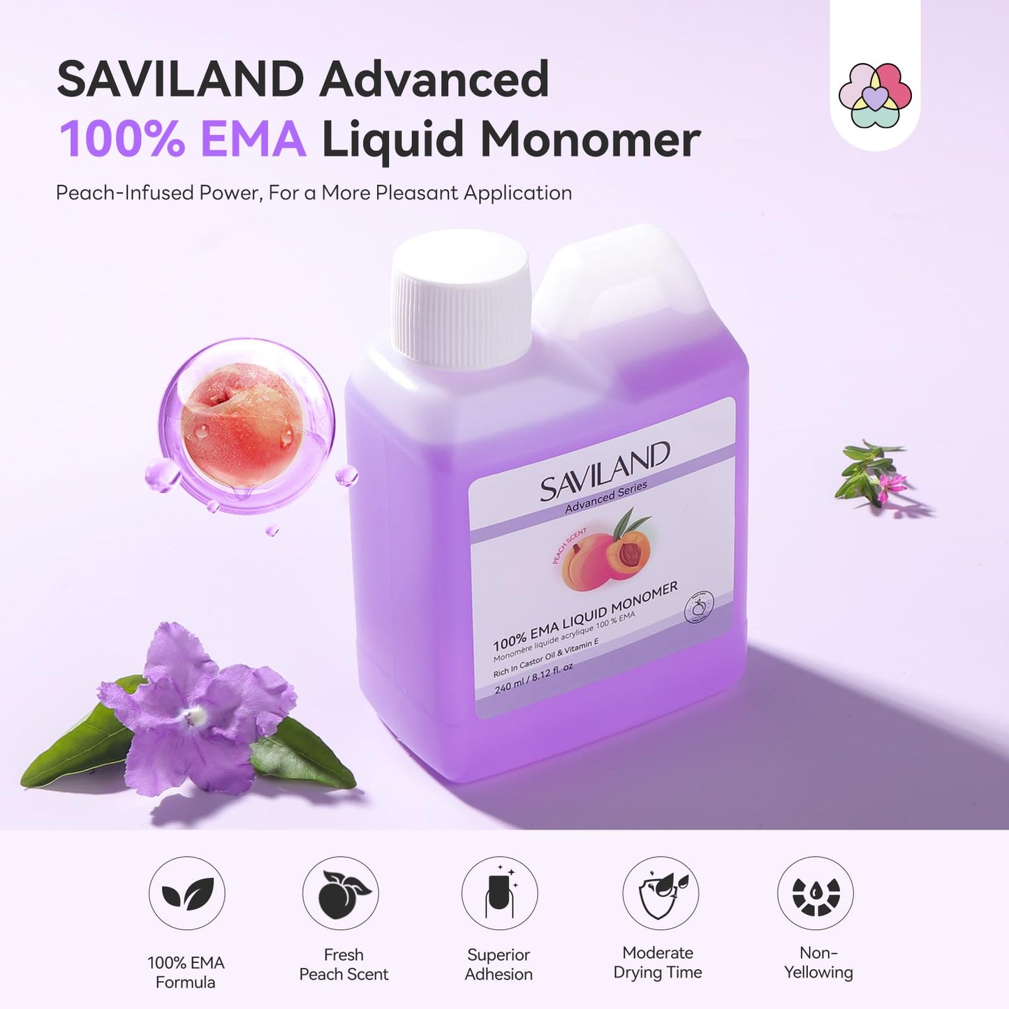 SAVILAND Pure EMA Monomer Acrylic Nail Liquid: Peach Scent Acrylic Liquid Nail Monomer Non-Yellowing Monomer For Acrylics Powder Nail Art 240 ml
