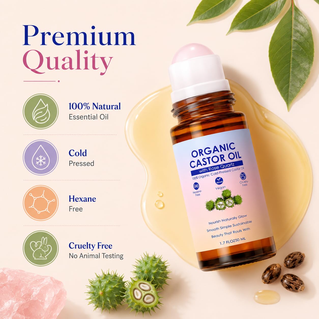 Organic Castor Oil Roll-On with Rose Quartz Roller | 100% Pure Cold-Pressed, Hexane-Free, 1.7oz