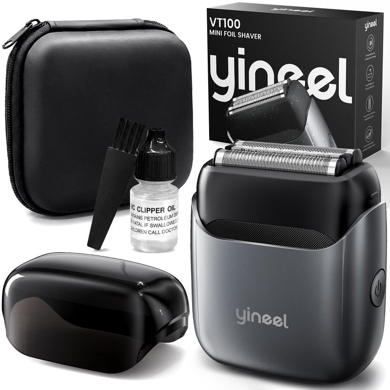 Yineel VT100 Electric Foil Shaver for Men, Pocket-Sized with Case, Sleek Portable Mini Electric Razor, 90mins Runtime, 3 Floating Blades, Travel-Friendly, IPX7 Waterproof, Gifts for Men