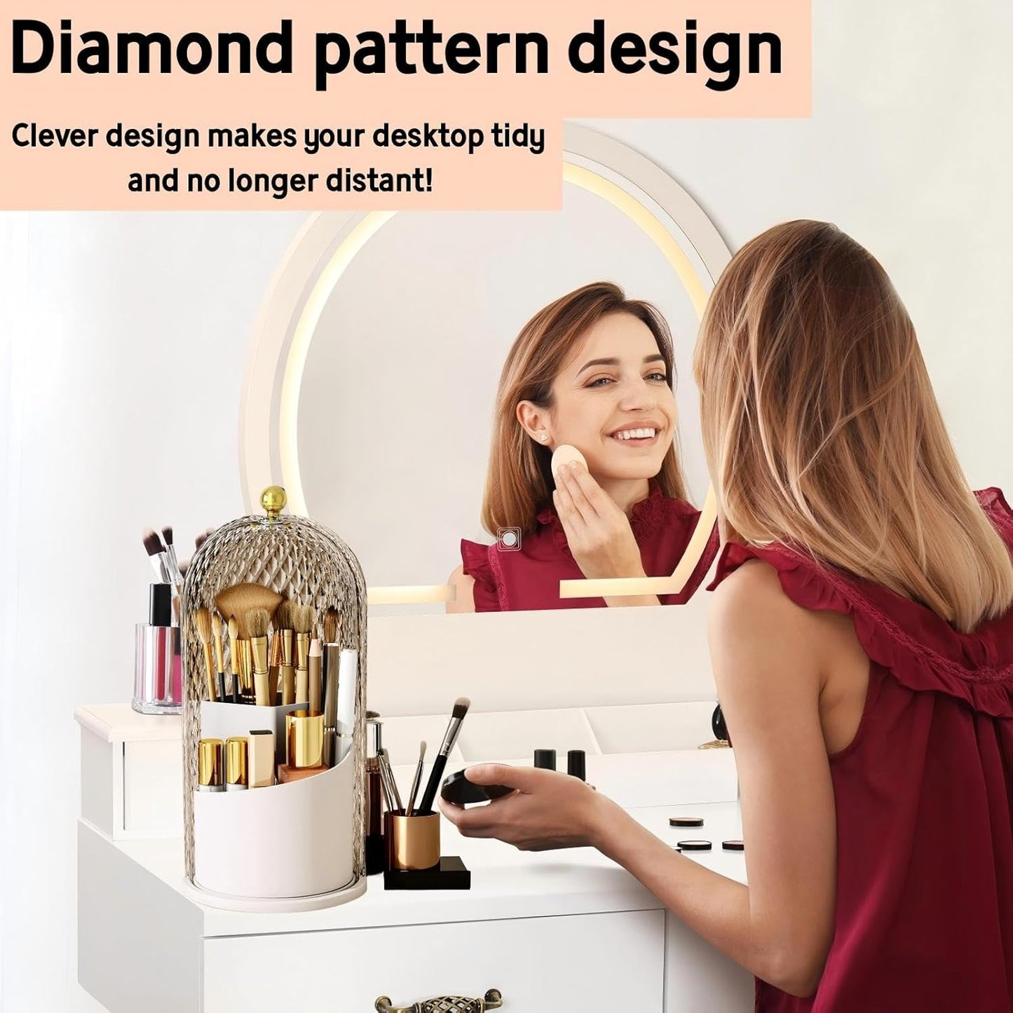 Makeup Brush Holder - 360° Rotating Waterproof Storage Box | Diamond Pattern, White