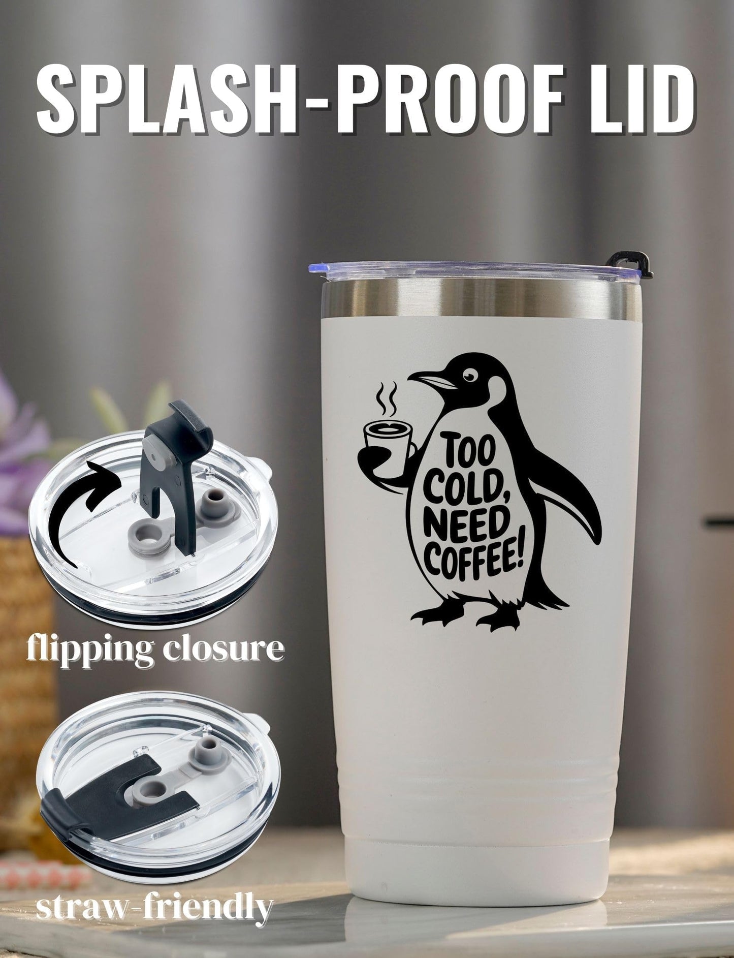 Onebttl Penguin Gifts for Men Women on Christmas, Birthday, 20oz Cute Insulated Stainless Steel Tumbler for Adults with Lid and Straw - Coffee