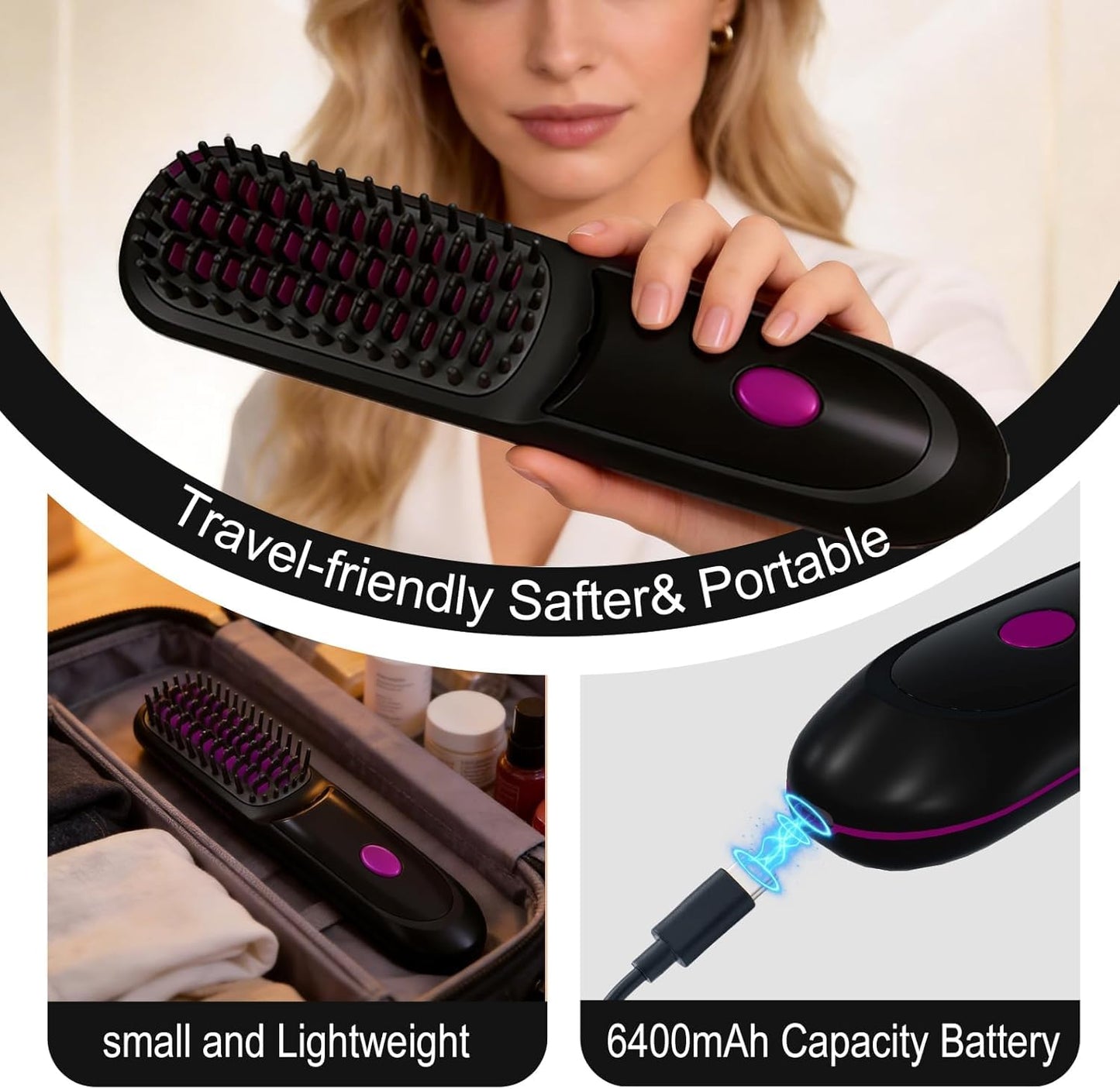 Portable Straightener Brushs for Travel, with LCD Temperature Display, Fast Heating Cordless Mini Hair Brushs (Black)