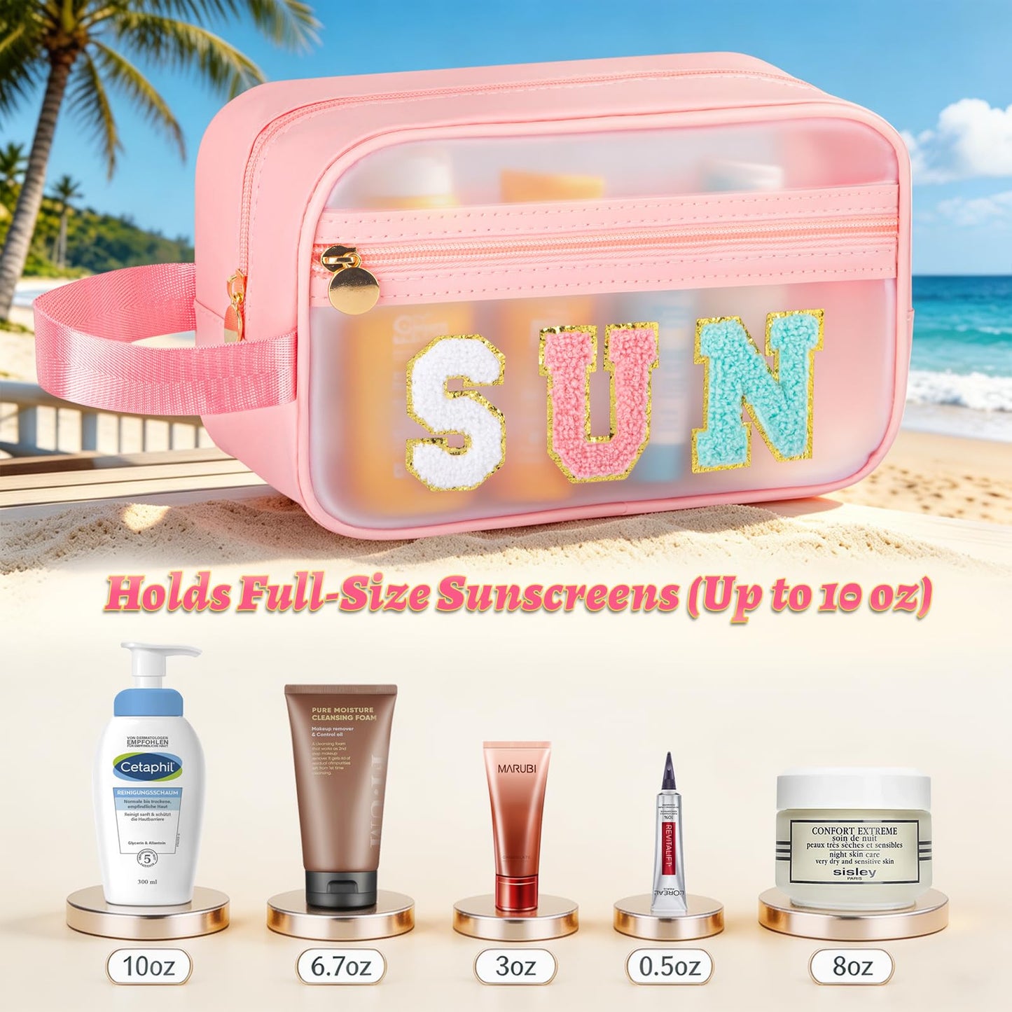 Kcjdd Clear Sunscreen Bags For Beach Pool With Handle, Waterproof Personalized Sun Bag Travel Toiletry Makeup Bag,Travel Beach Pool Summer Essentials SPF Bag For Women Girls(