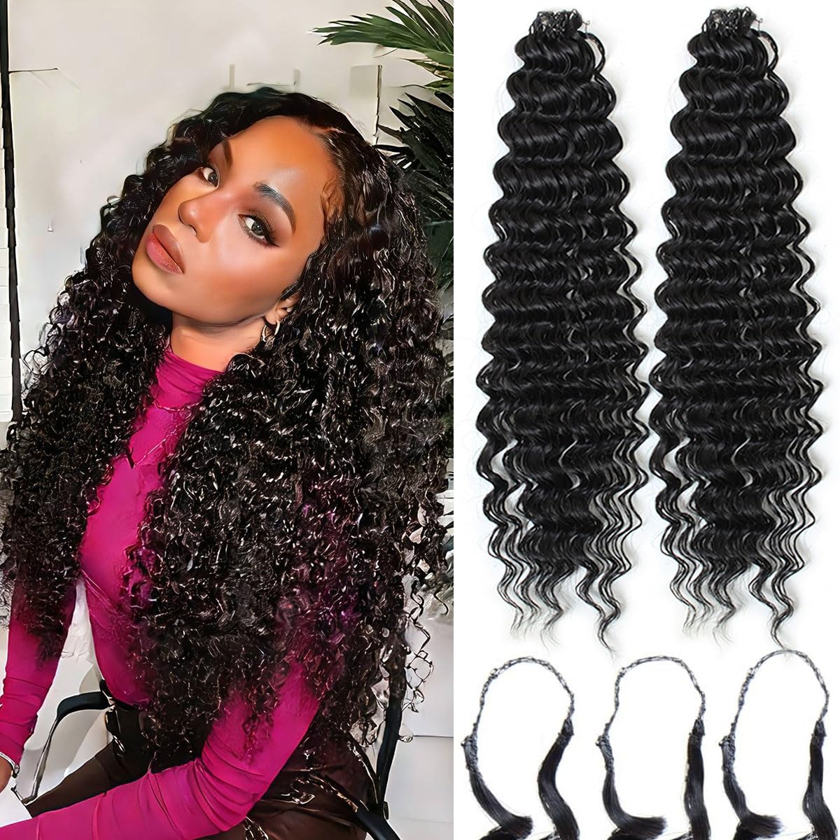 Aooffut Feather Crochet Hair Extensions for Women 18 Inch 100 Strands Miracle Knots Hair Pre-Separated Invisible Human Hair Blend Synthetic Curly Deep Wave Crochet Hair(100strands Black)