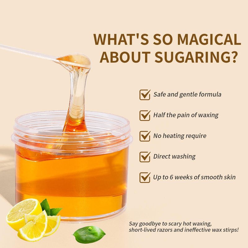 Sugar Wax Kit for Hair Removal: 10.6oz/300gOrganic Sugaring Wax for Body Legs Arms Bikini and Back - Includes 20PCS Strips & 10pcs Sticks