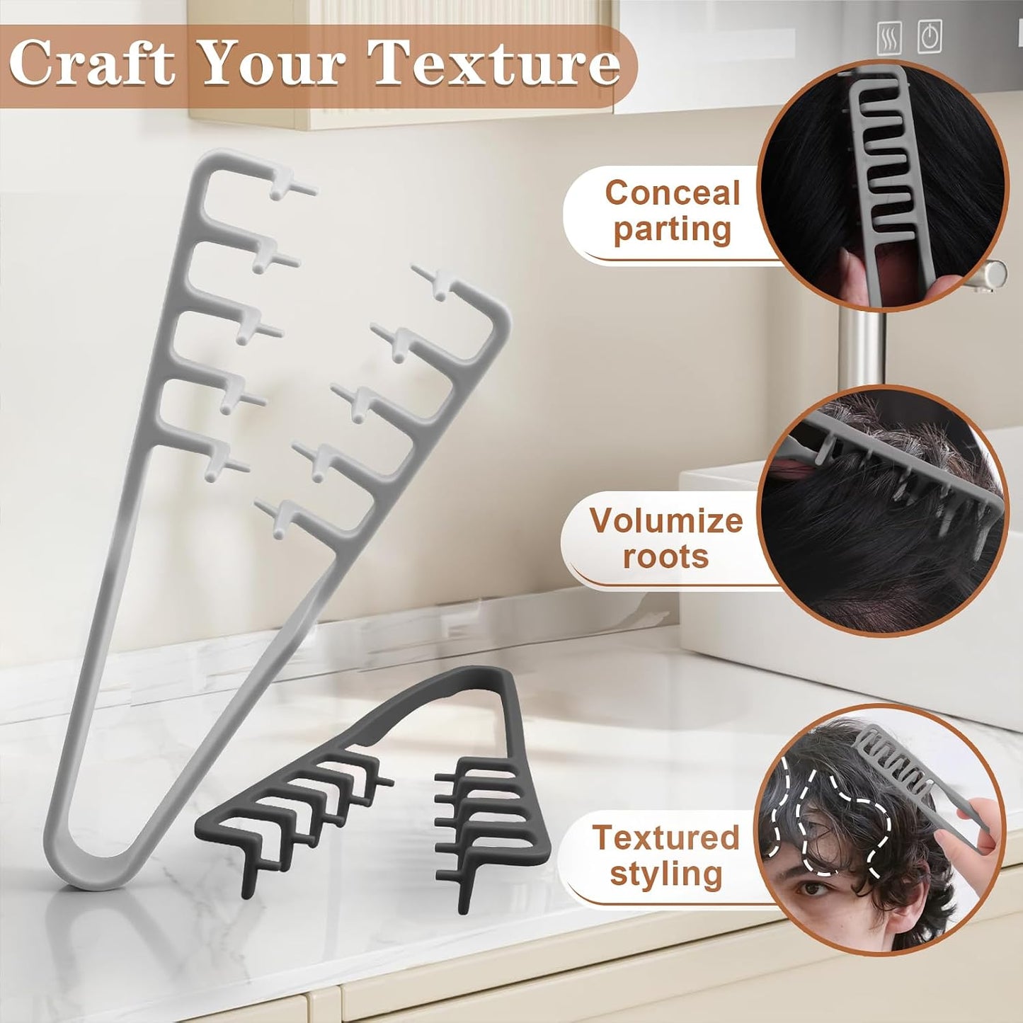 Voluminous Wide-Toothed Hair Comb Set - 2 Pcs ABS Plastic with Textured Grip for Maximum Root Lift | Black & Grey