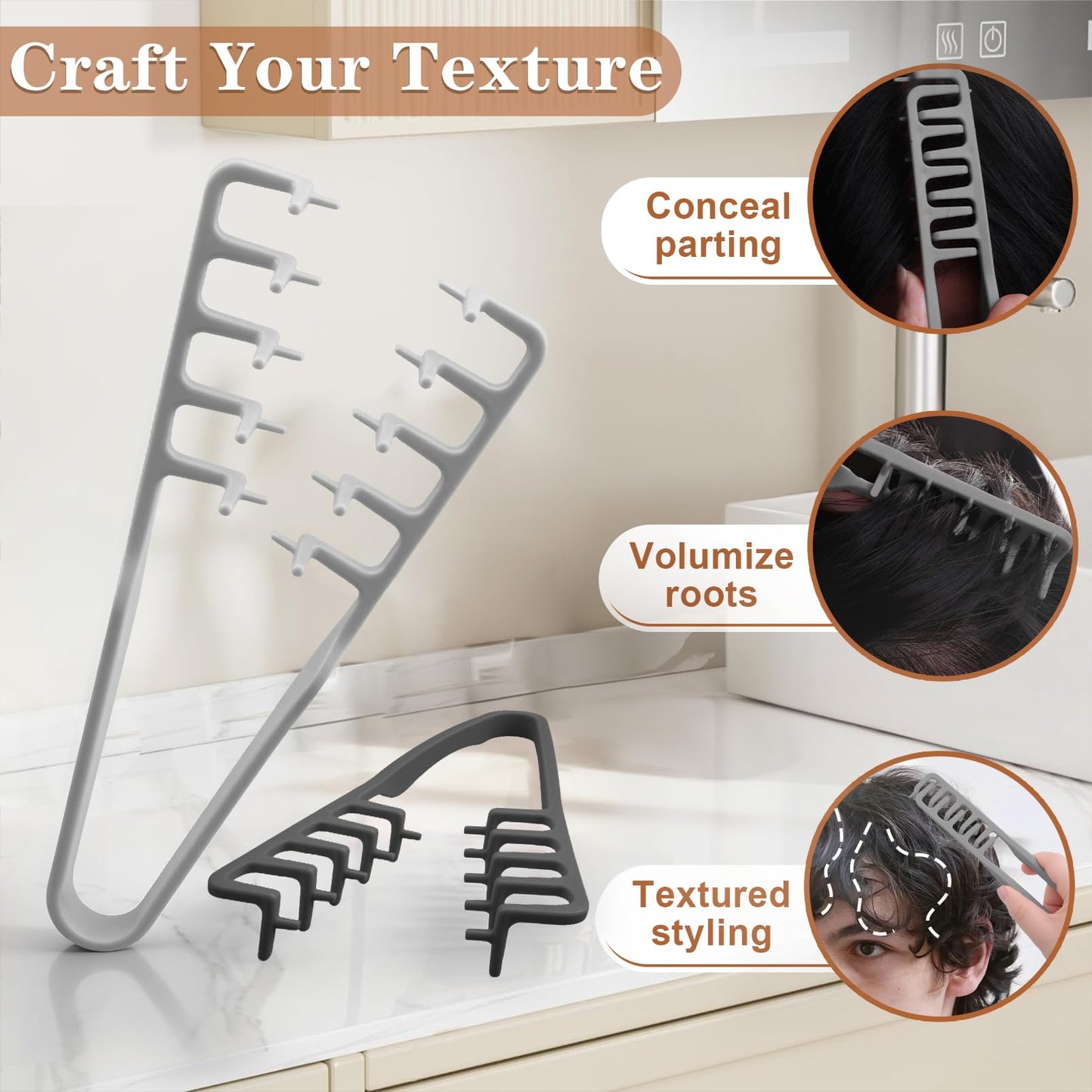 2 Pcs Texture Comb, Voluminous Wide-Toothed Hair Comb, Apparatus Maximum Lift Roots Volume Tool, Barber Wide Fine-Toothed Dual-Purpose Set, ABS Plastic with Textured Grip Tool for Men (Black+Grey)