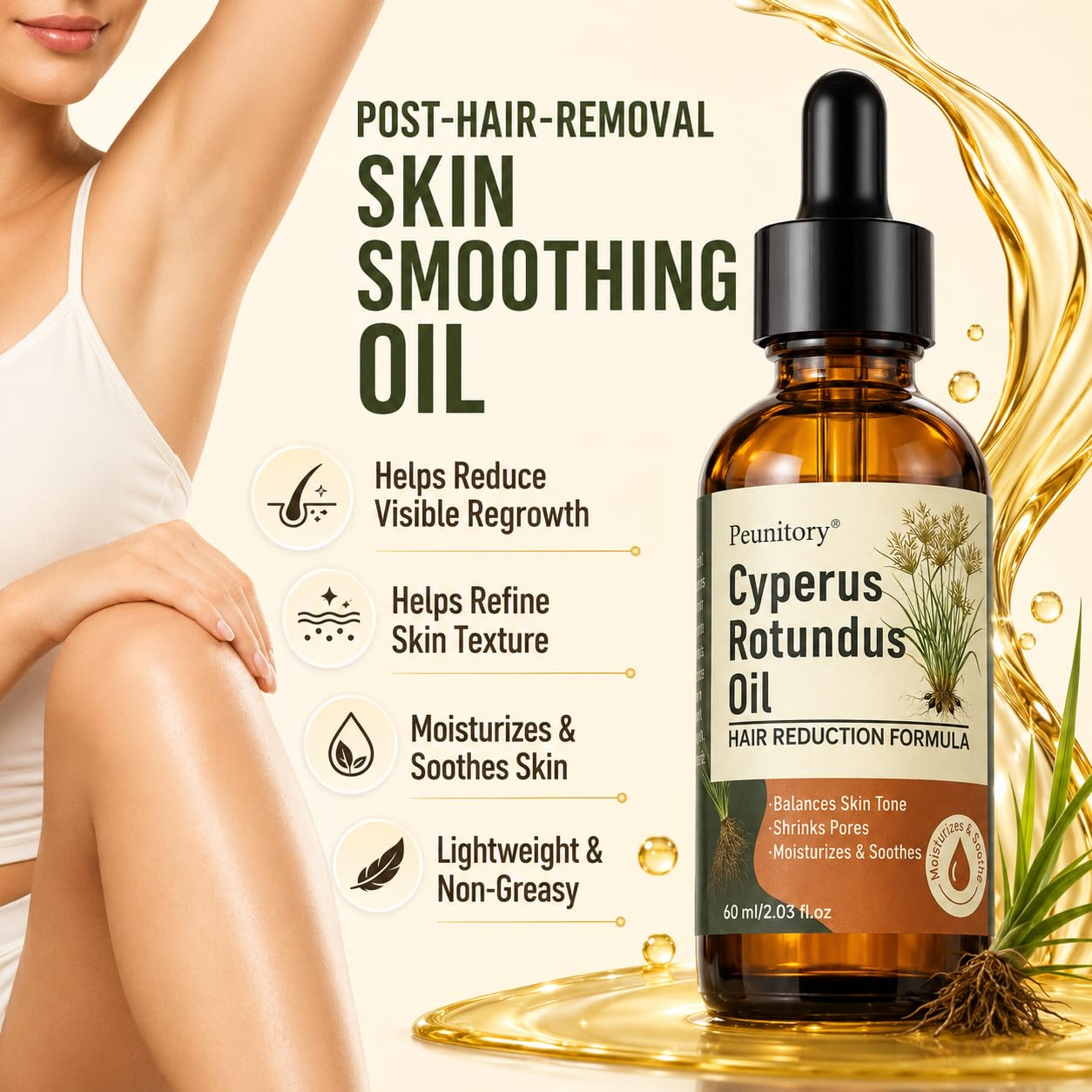 Cyperus Rotundus Oil - Natural Hair Removal & Growth Inhibitor | Reduces Ingrown Hairs & Razor Bumps, 2 Fl Oz