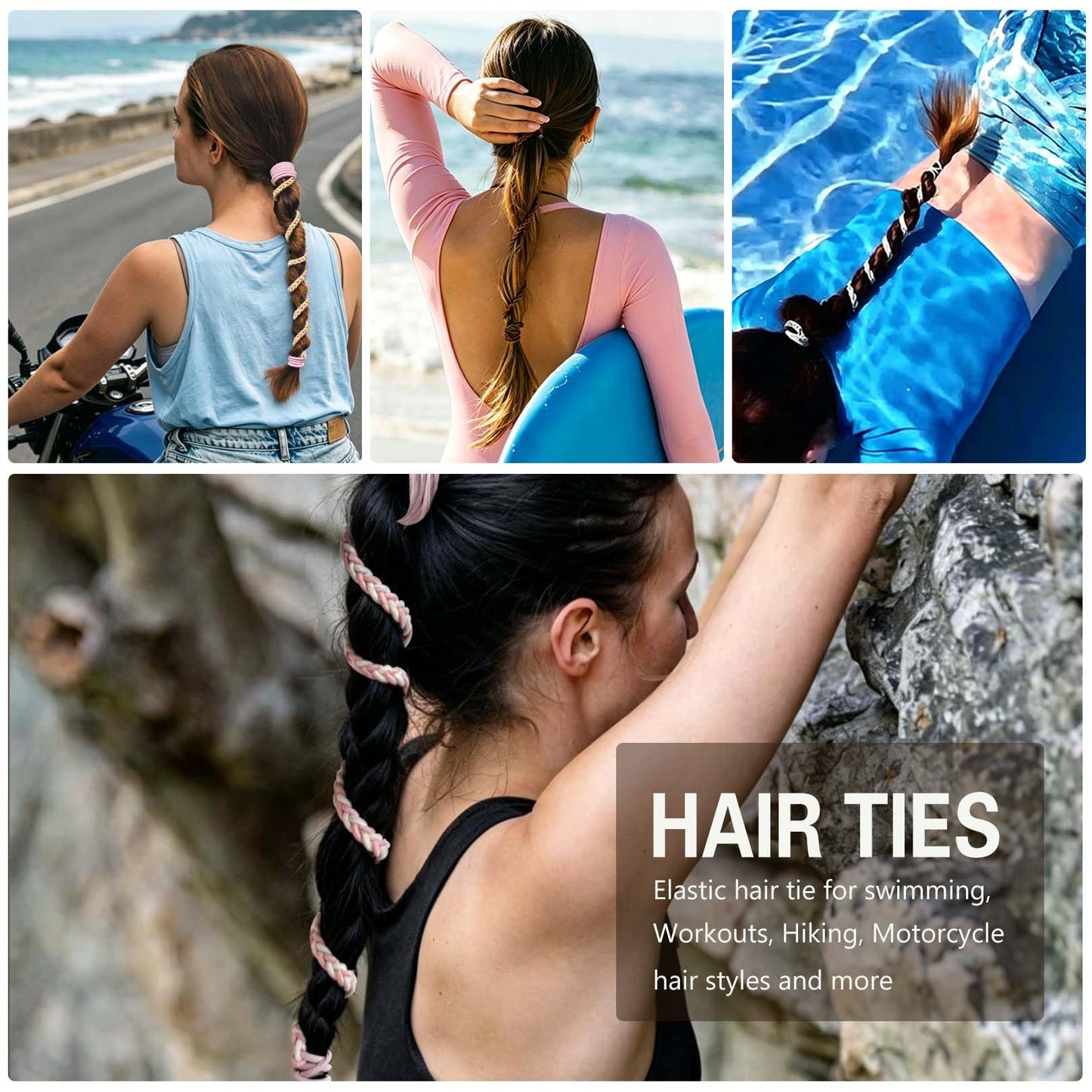 Sports Hair Ties for Women, 25" 4 Packs Soft Nylon Elastic Ponytail Holders for Thick,Curly,Fine Hair Spiral Pony Tail Wrap Tie Long Womens Accessories for Swim,Riding,Running,Workout,GYM,Surf,Dive