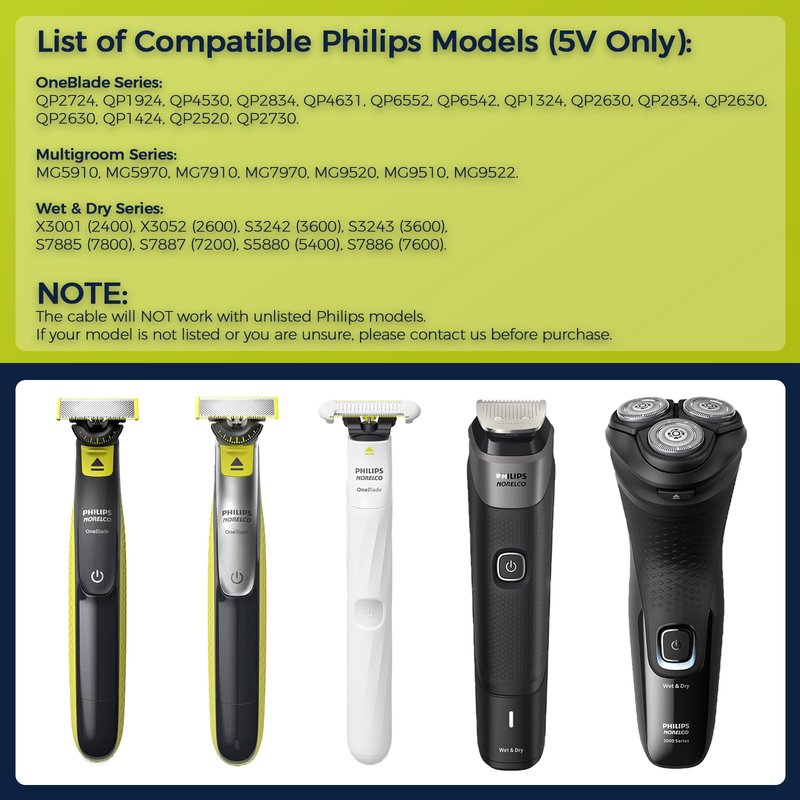 5V USB-C Charger Cord Compatible with Philips Norelco Shaver Models – QP2724, QP1924, QP4530, QP2834, QP4631, X3001, MG5910, MG5970, QP6552, MG7910, MG7970, MG9520, QP6542 & More, Black, 2 Pack