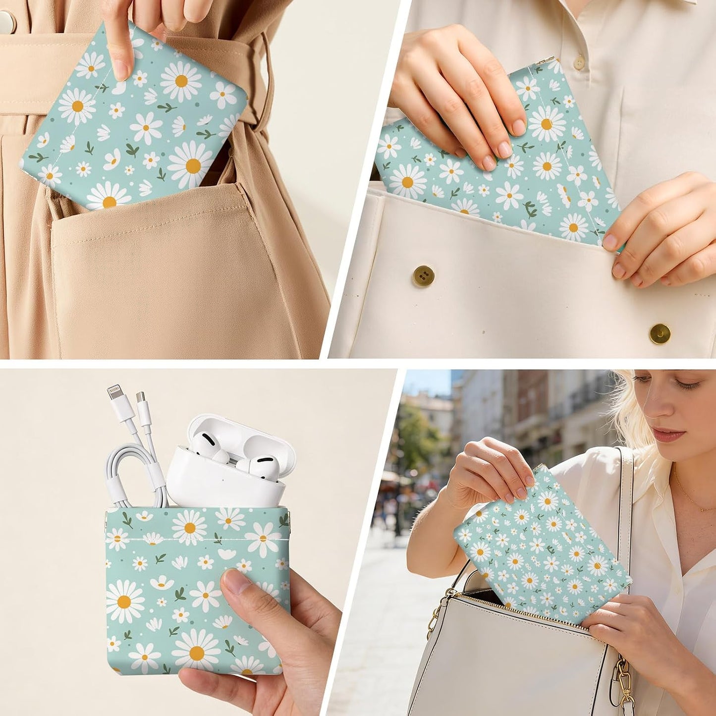 Small Makeup Bag Set - 2 PCS PU Leather Cosmetic Organizer | Portable Self-Closing Pouch for Travel - White Flower Design