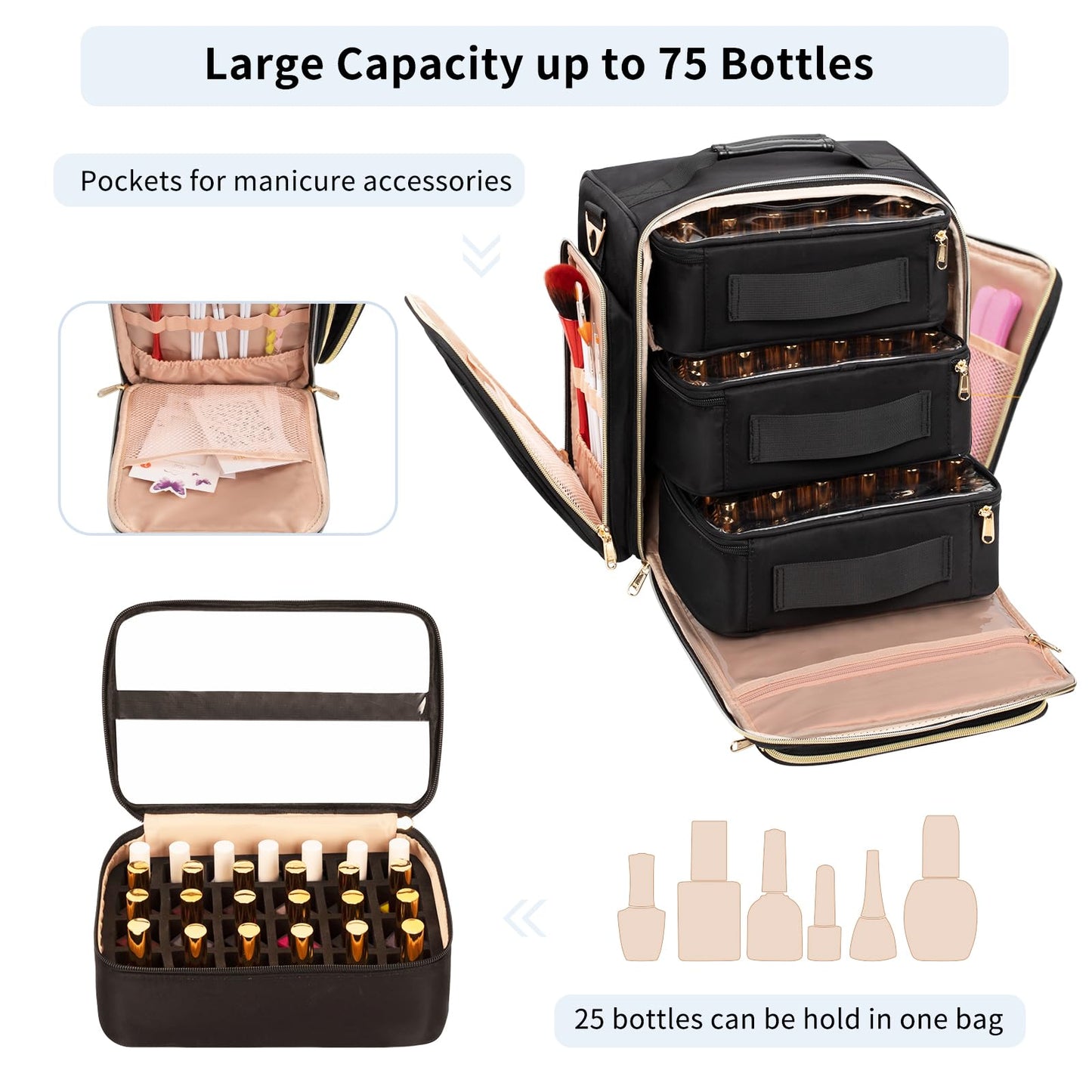 OCHEAL Nail Polish Organizer, Holds Nail Lamp and 75+ Bottles, Nail Polish Holder Case with 3 Individual Pouches Fit Manicure Tools Storage for Manicurist Travel Carrying Bag -Black