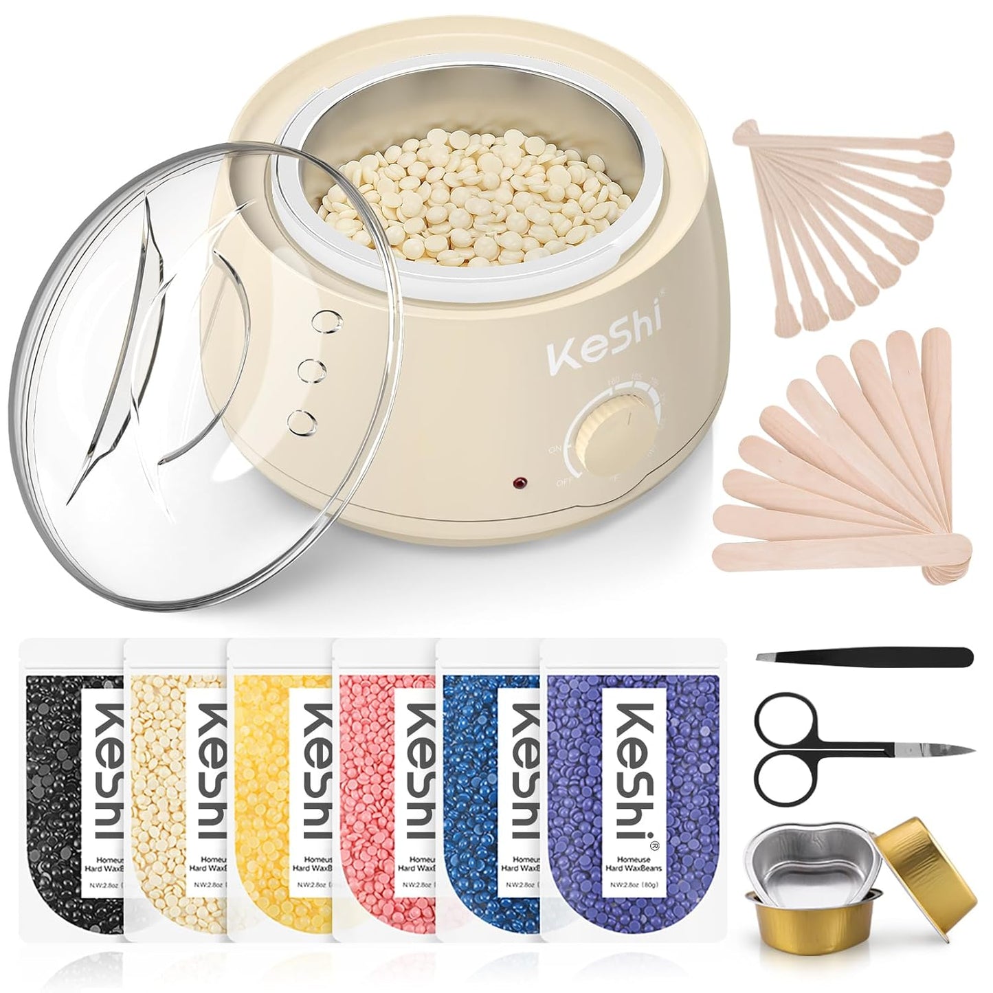 Painless Hair Removal Waxing Kit - KeShi Wax Warmer with 6 Bags Hard Wax Beans for Full Body, Legs, Face & Bikini | Ideal for Men & Women