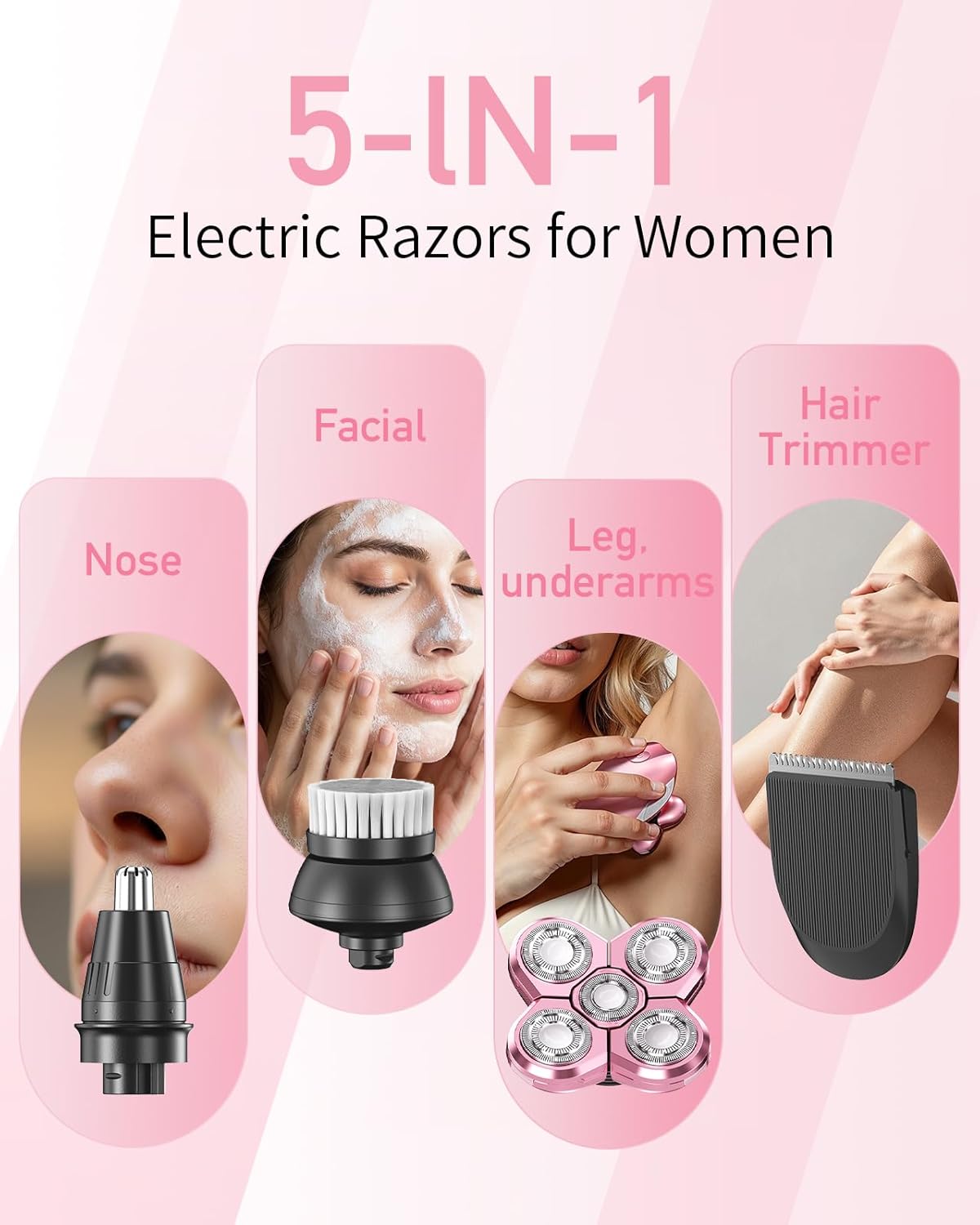 Electric Razors for Women - 5-in-1 Waterproof Rechargeable Shaver | LED Display, Travel-Friendly Trimmer in Pink