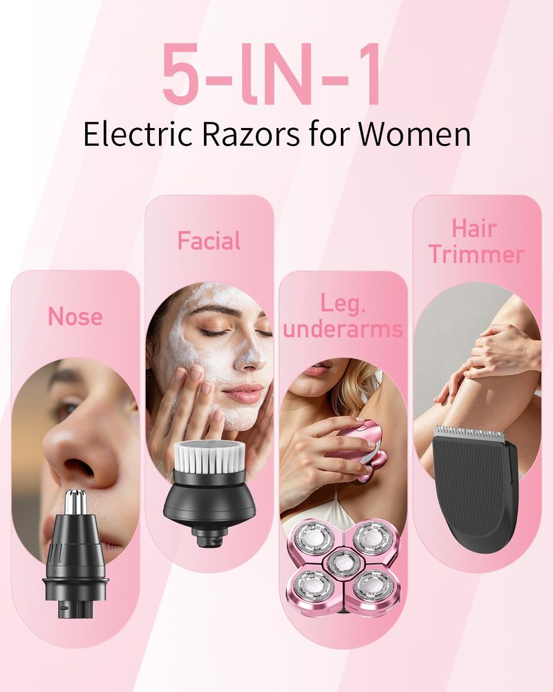 Electric Razors for Women, 5-in-1 Multi-Function Womens Razor with LED Display, Rechargeable Waterproof Electric Shaver, Ideal Travel Trimmer Body Hair Remover for Legs, Face, Armpits &Bikini (Pink)