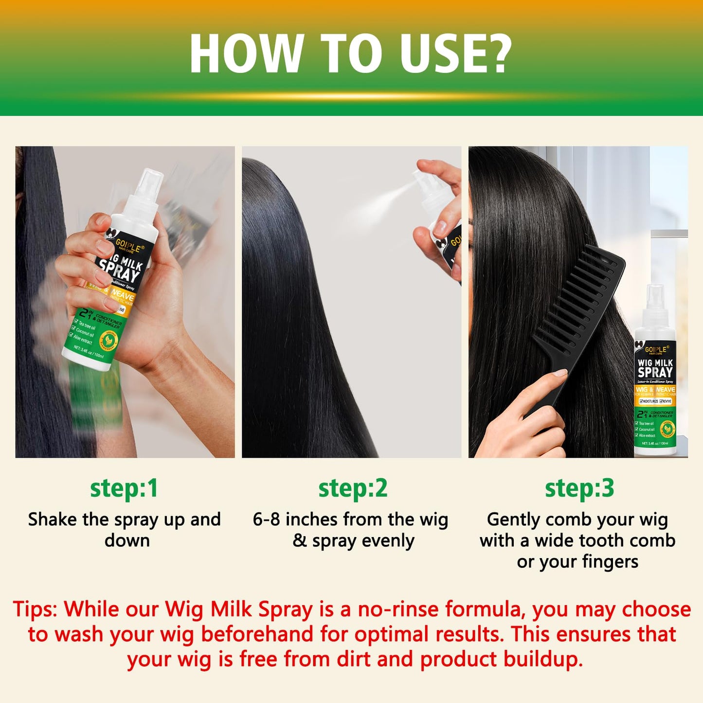 Goiple Wig Milk Spray Wig Spray for Synthetic Hair, Leave-In Conditioner for Hair Wigs, Conditioner ＆ Detangler 2 in 1 Moisturizer, Hydrates & Replenishes Synthetic Wigs Easy Combing (3.4 fl oz)