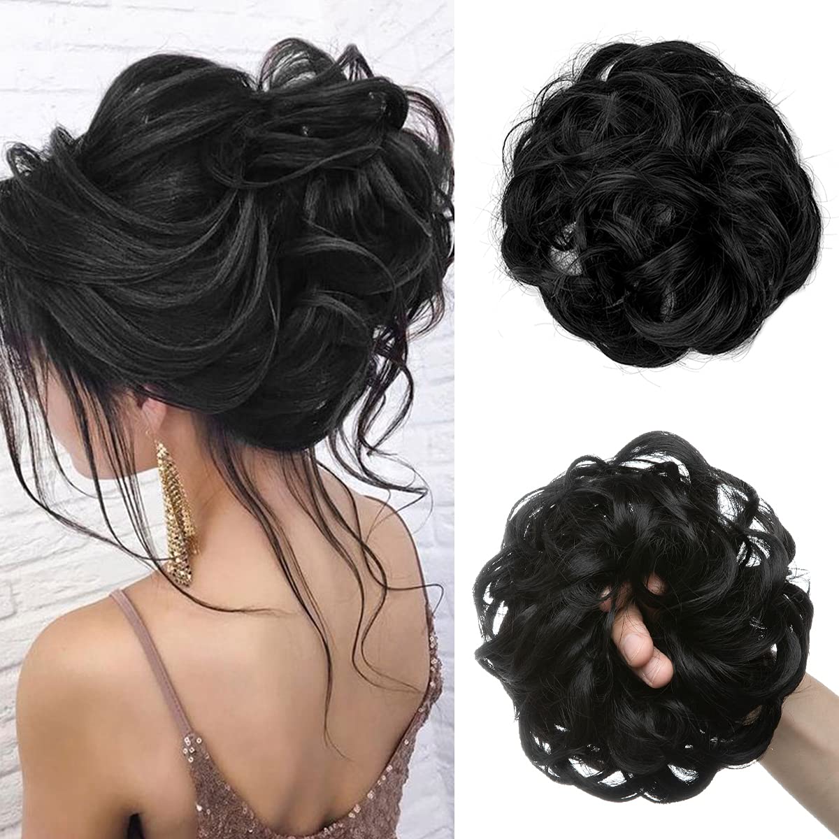 Large Messy Bun Hair Piece - Wavy Curly Synthetic Chignon Ponytail Extensions for Women | Dark Brown