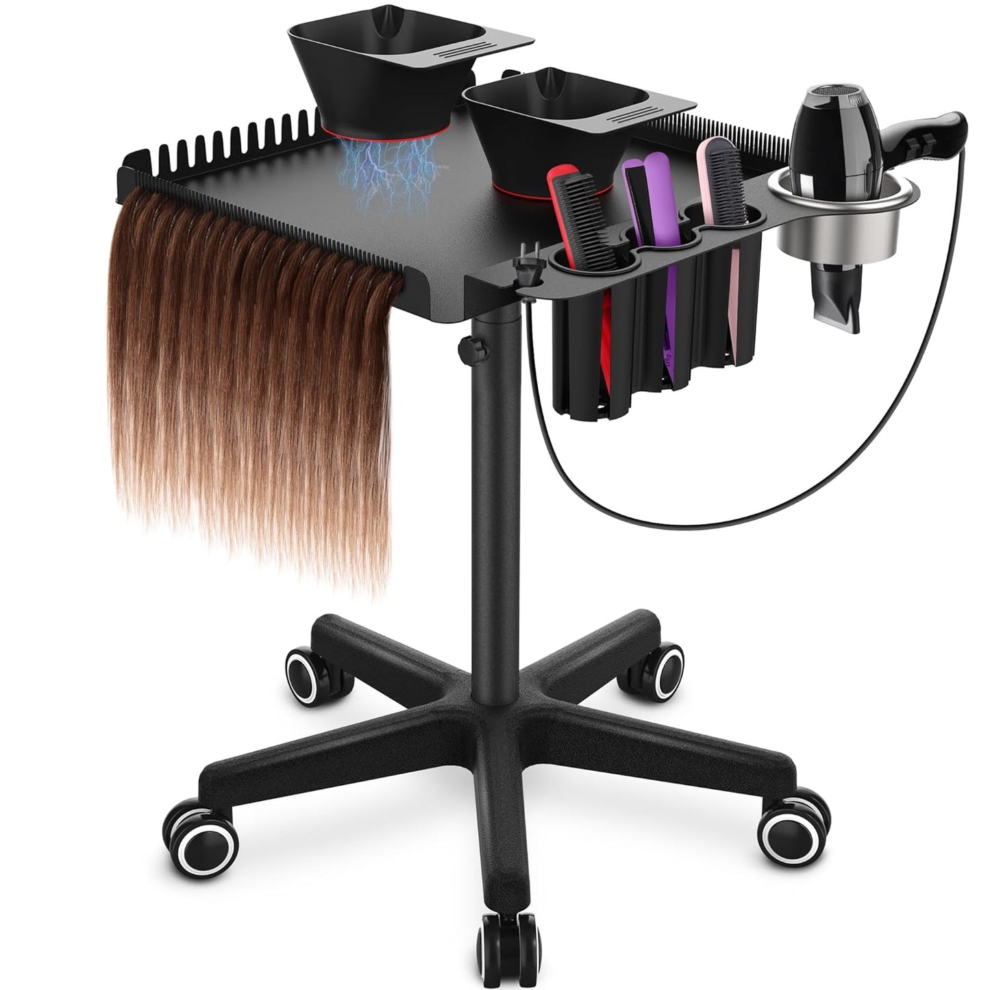 Professional Hair Styling Station Cart - Metal Rolling Salon Trolley with Magnetic Color Bowls & Tool Holder | Hair Extension Stand
