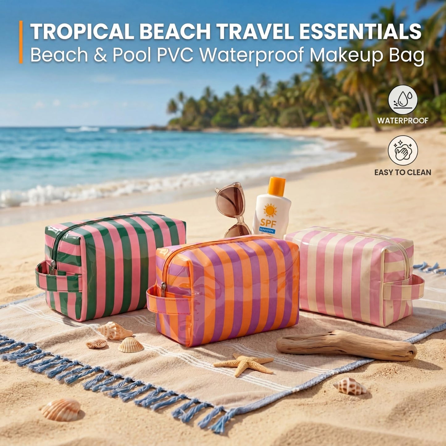 Lestikave PVC Striped Makeup Bag,Easy to Clean,Waterproof Clear Coated Cosmetic Bag,Cute Travel Organizer Zipper Pouch for Beach Vacation Essentials(02Green Pink)