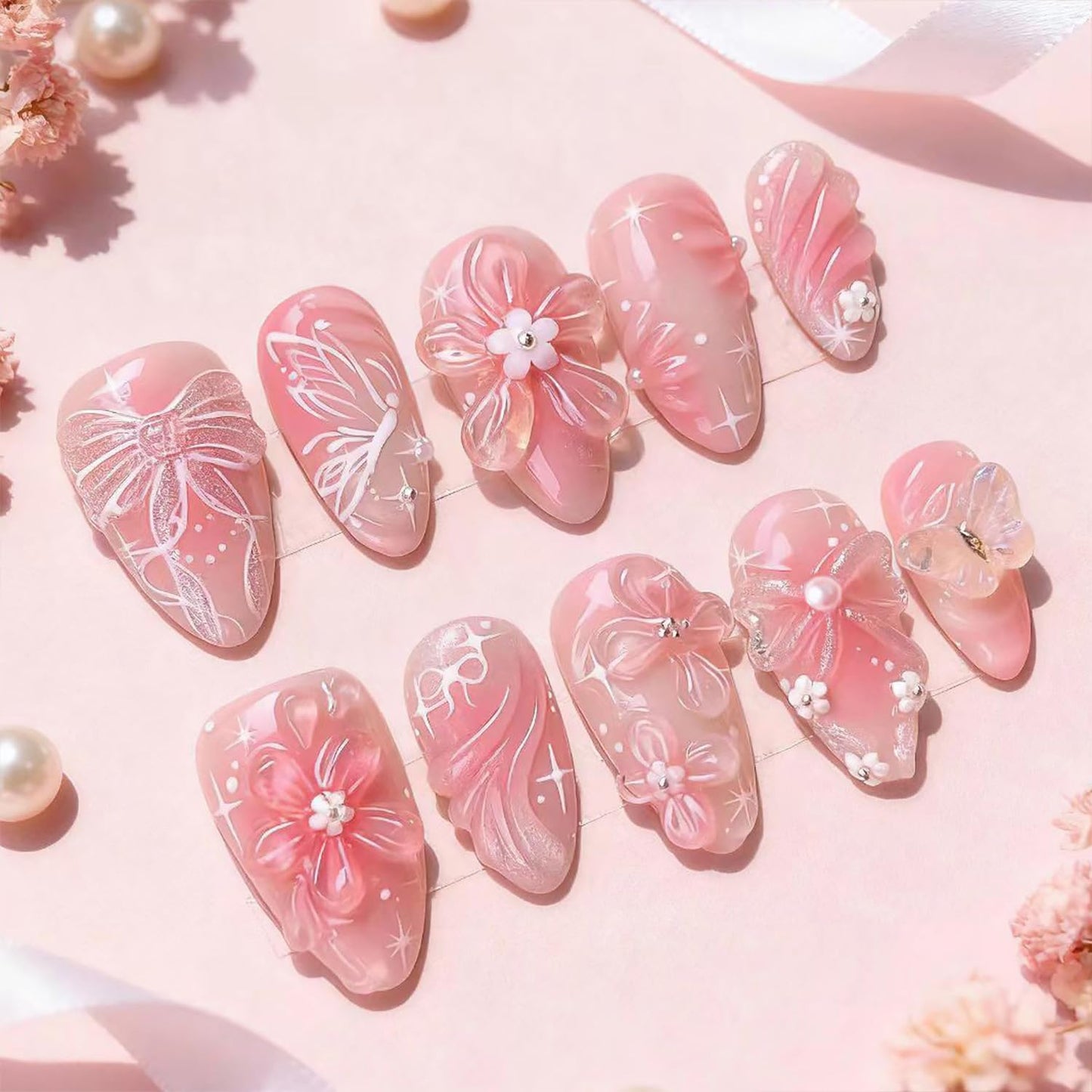 Blue Flower Press-On Nails - Medium Almond French Tip with Bow Design | Glossy Full Cover for DIY Manicure