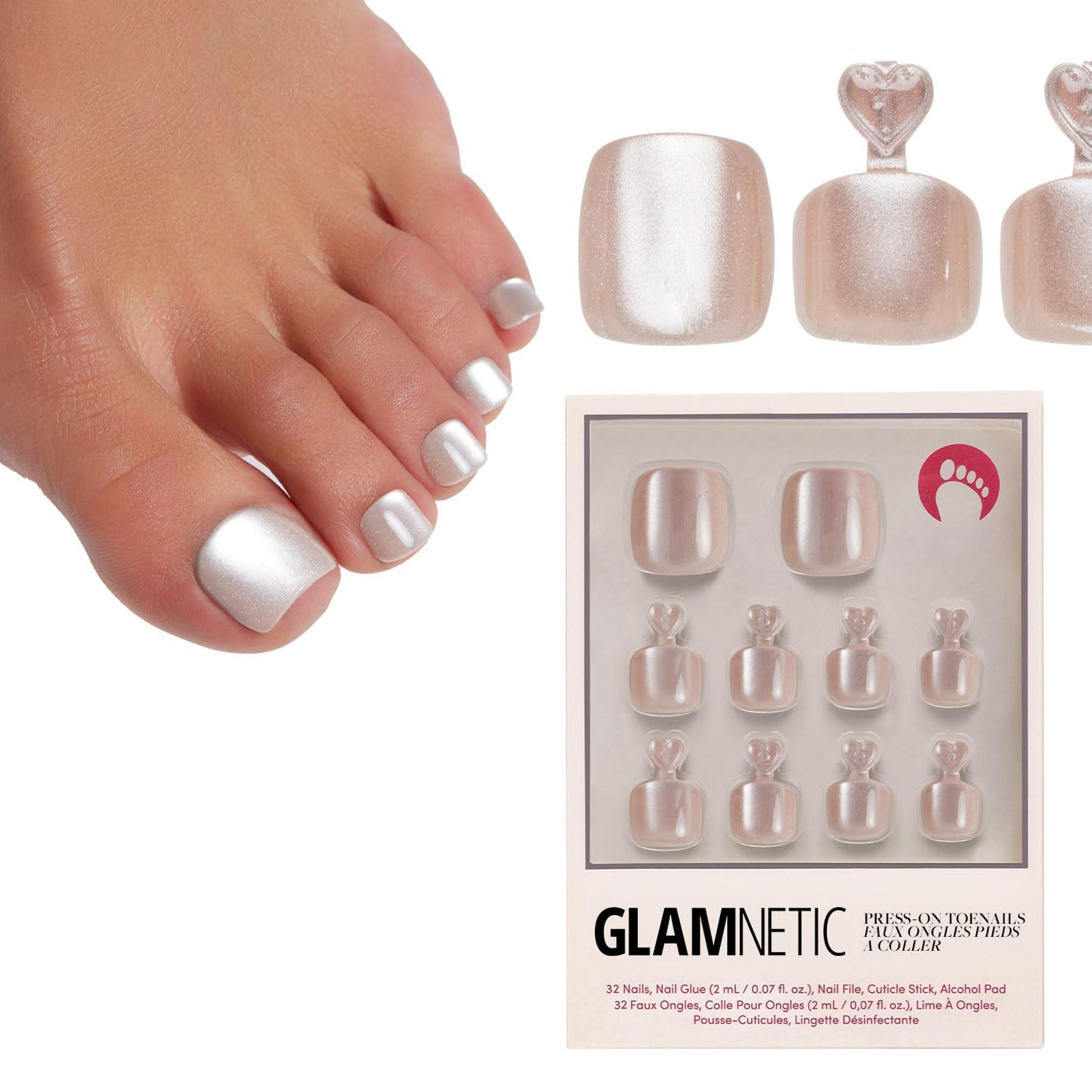 Glamnetic Press On Toenails - Classic White French Tip Fake Toe Nails | 16 Sizes, Glossy Finish, 32 Nail Kit with Glue
