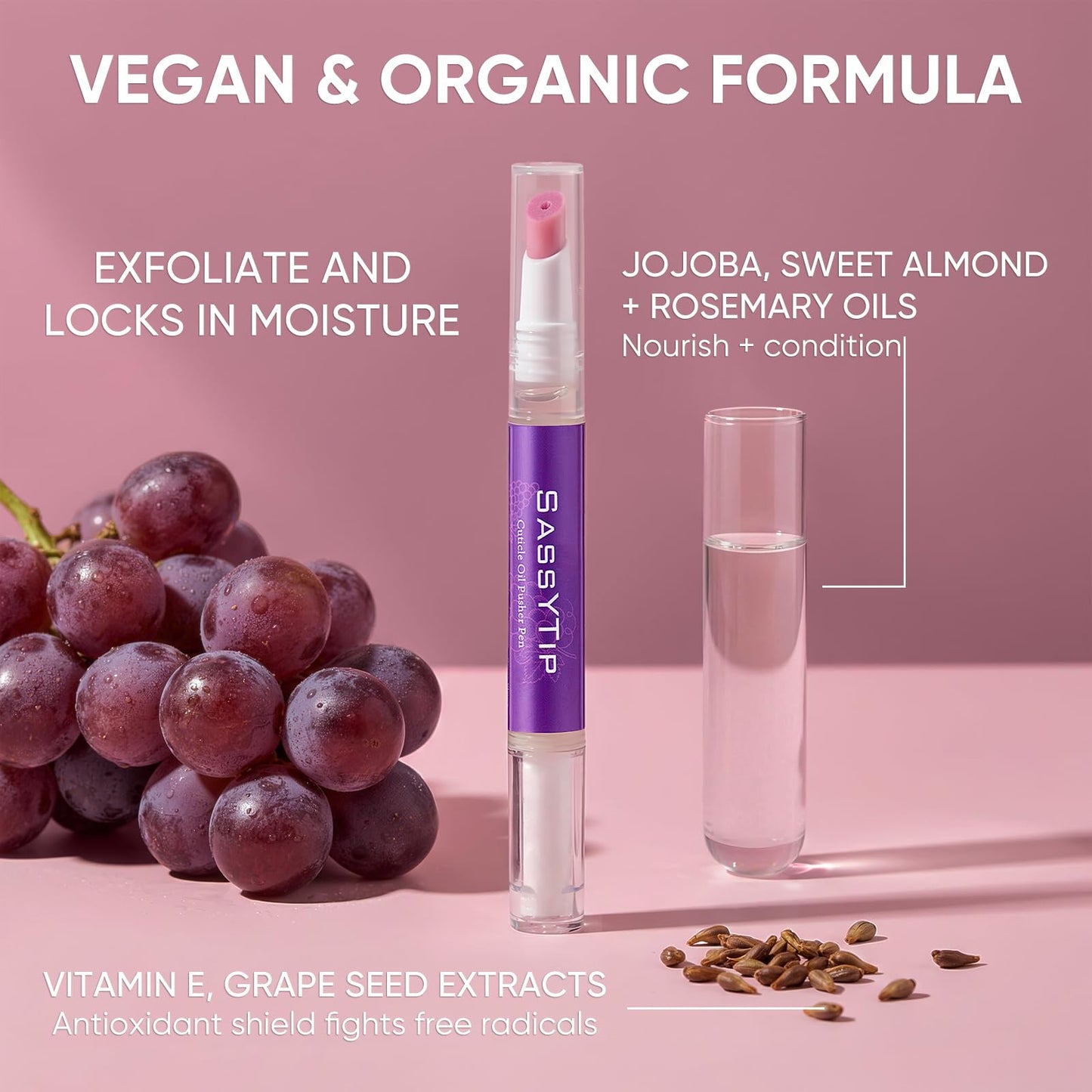 SASSYTIP Cuticle Oil Pusher Pen 2-in-1 Clean & Moisturize | Removes Dead Skin & Dirt from Nail Edges | Nourishing Jojoba & Almond Oils | At-Home or On-the-Go Manicure for Women & Men (Grape)