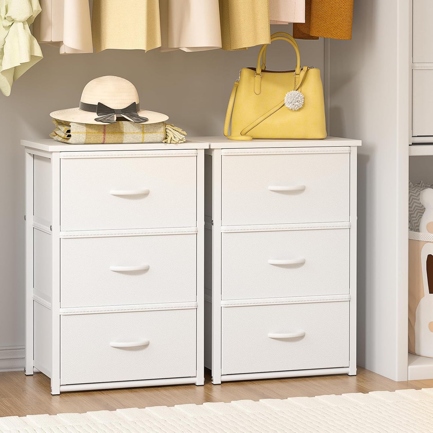 DAOUTIME Stackable Storage Drawers - 2-Pack White Closet Organizer with Wooden Top & Metal Frame | Versatile Dresser for Bedroom & Living Room