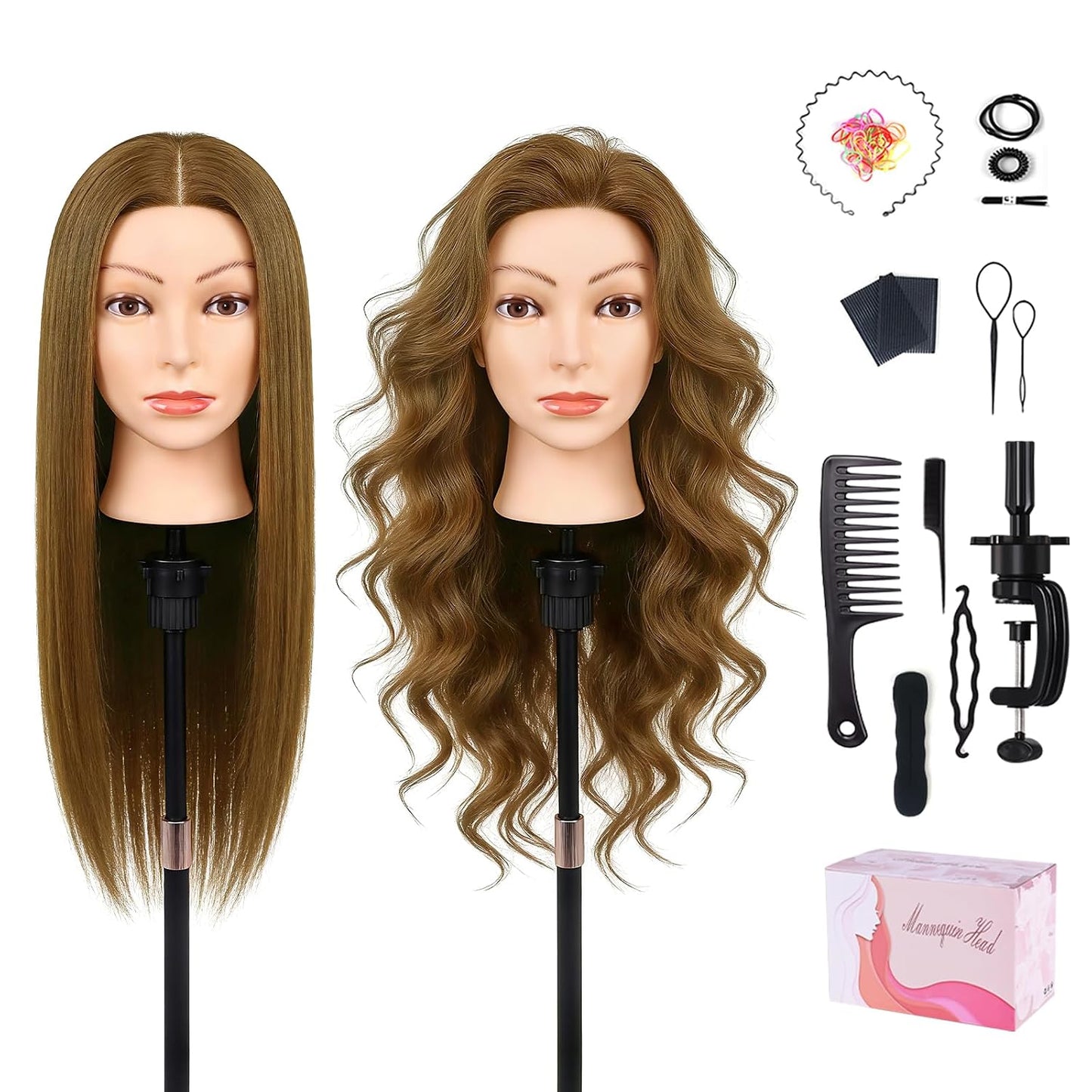 Real Hair Mannequin Head - 22'' Human Hair Cosmetology Training Doll with Clamp Holder & Tools | Black