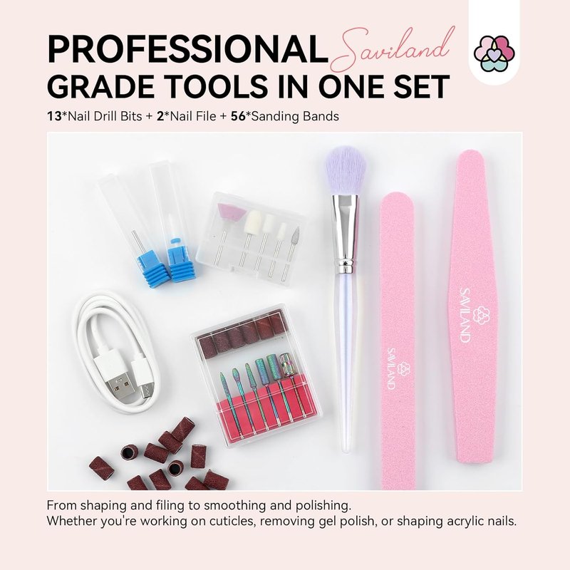 SAVILAND Professional Nail Drill - 40000RPM Rechargeable Electric Filer Kit with 6000mAh Battery for Acrylic Nails | Pink