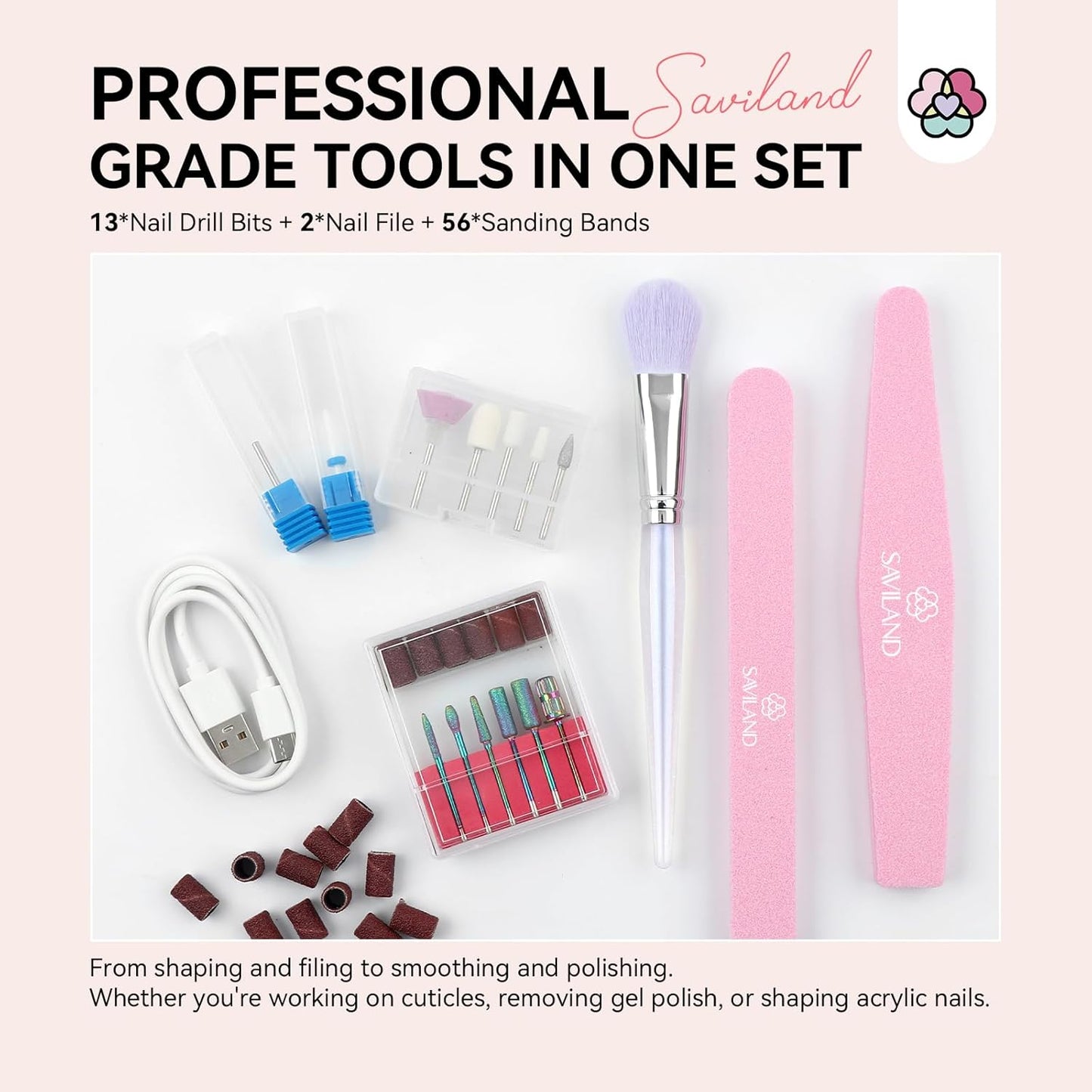 **SAVILAND Professional Nail Drill - 40000RPM Rechargeable Electric Filer Kit for Acrylic Nails | 6000mAh Battery, Pink**