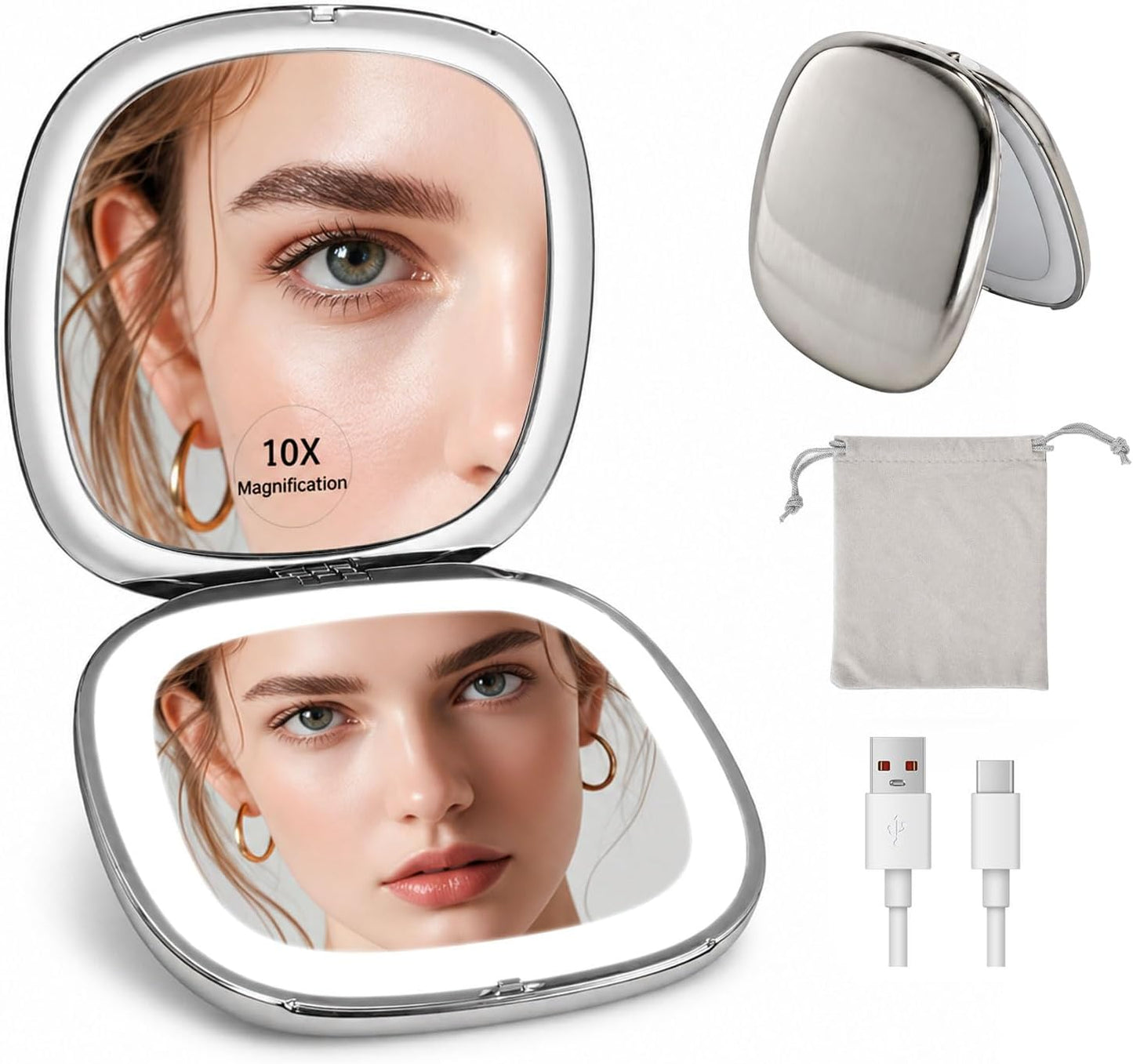 10X Magnifying Compact Makeup Mirror - Dimmable LED Light, Double-Sided 4" Portable Handheld Design | Rechargeable Travel Vanity Mirror