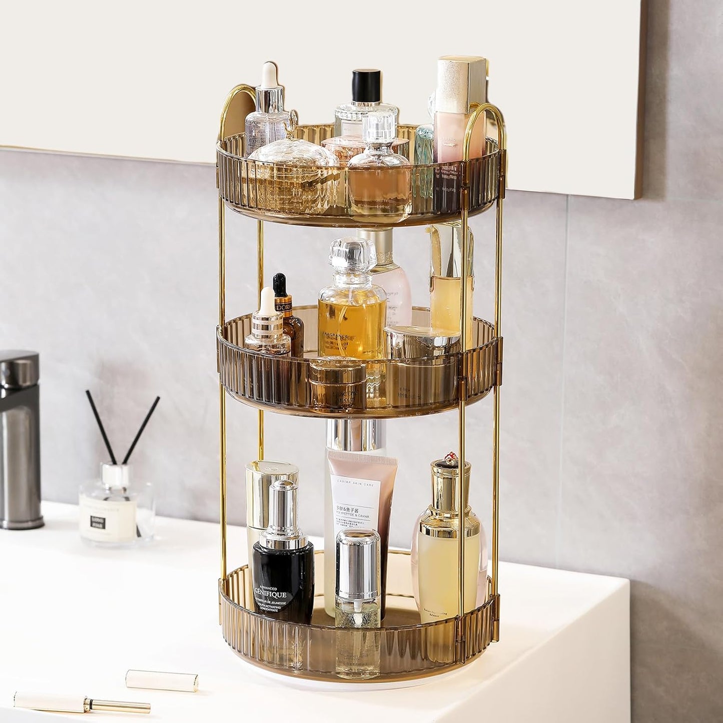Rotating Makeup Organizer - 3 Tier Clear Cosmetic Holder for Vanity | Grey Perfume & Skincare Storage