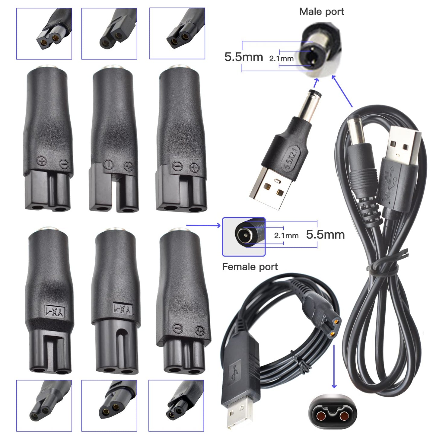 BOEEA 9 PCS Replacement Power Cord 5V Charger USB Adapter Suitable for Electric Hair Clippers, Beard Trimmers, Shavers, Beauty Instruments, Desk Lamps, Purifiers.