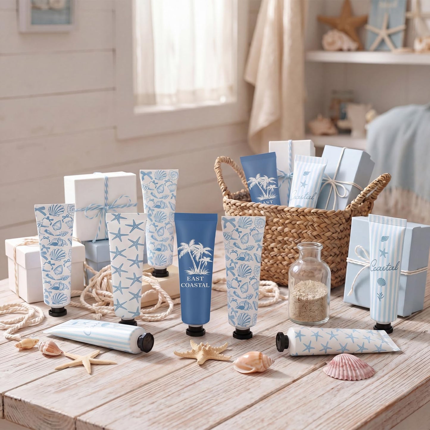 Loopeer 12 Pcs Coastal Hand Cream Gifts Bulk East Coastal Ocean Seashell Beach Design Portable Travel Size Hand Lotion Appreciation Gift for Girls Women Summer Vacation Supplies Beach Accessories