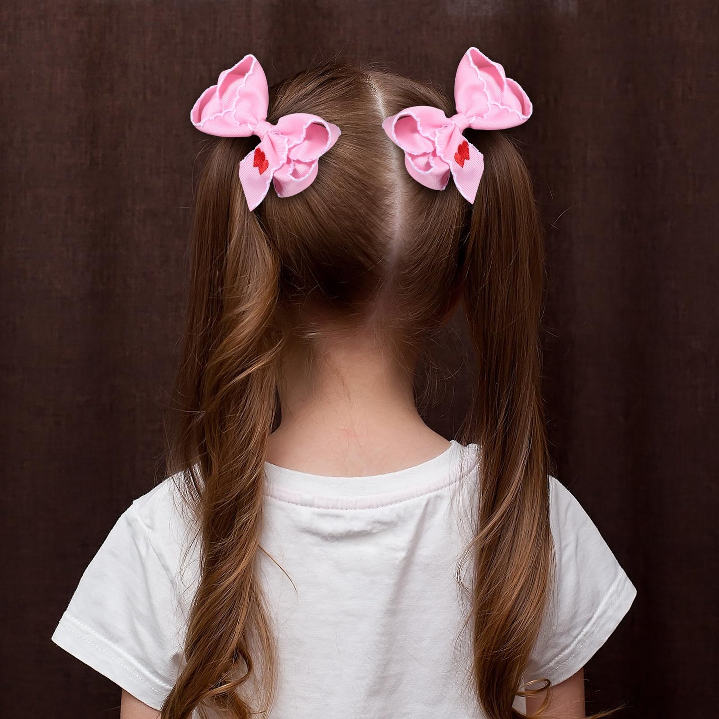 Valentine Pink Hair Bows 2pc 4in Red Love Heart Embroidered Ribbon Bowknot Alligator Clip Gift for Teen Girls Women Birthday Wedding Dance Party Dress Decor Accessory