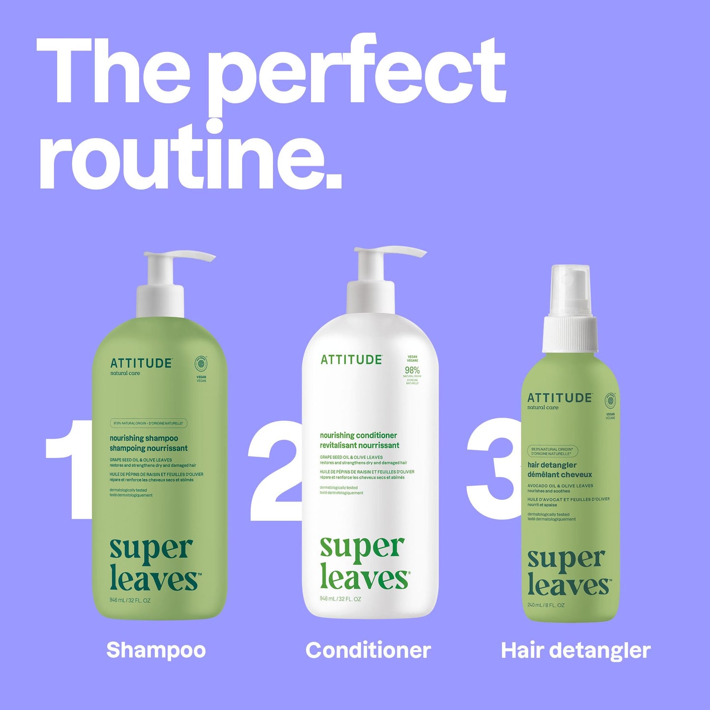 ATTITUDE Nourishing Hair Shampoo, EWG Verified, For Dry and Damaged Hair, Naturally Derived Ingredients, Vegan and Plant Based, Grapeseed Oil and Olive Leaves, 32 Fl Oz