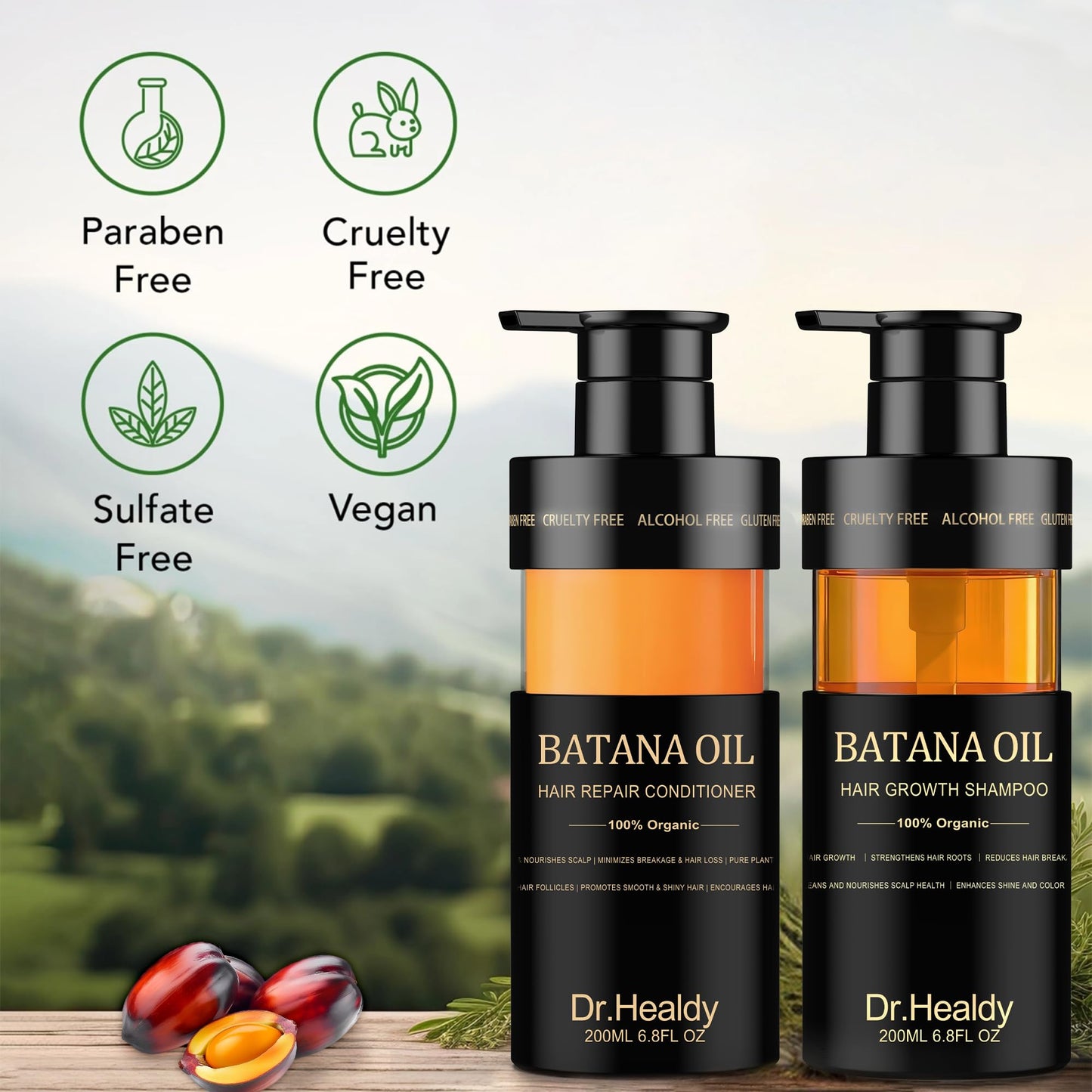 Dr. Healdy Batana Oil Shampoo and Conditioner Set - for Hair Growth,Thickening & Hydration,Sulfate Free - Fights Hair Loss & Clarifies Scalp -Root Activator Shampoo for Men (6.8 Fl Oz×2)