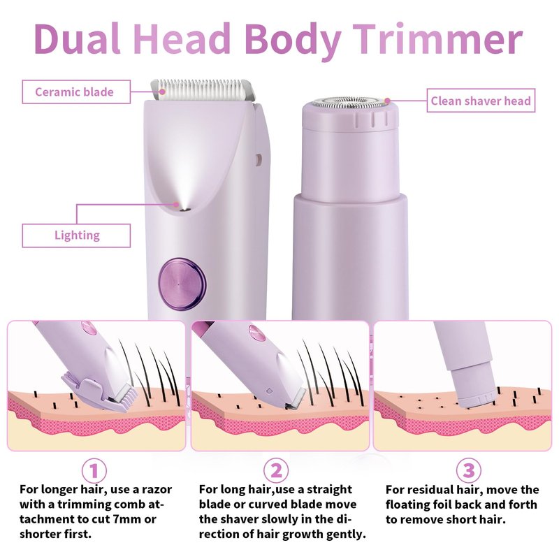 Bikini Trimmer for Women，Dual Head Women Shaver IPX6 Waterproof Cordless Pain Free Hair Removal with Safety Lock Trimmer for Smooth Skin Ideal for Bikini Area Body and Facial Hair (Purple)
