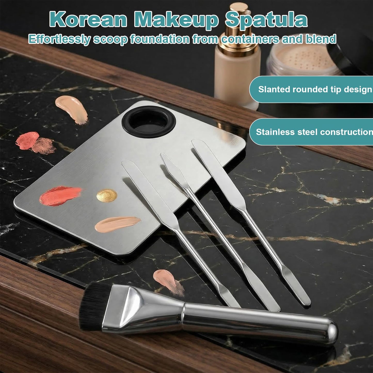 5 Pcs Professional Stainless Steel Makeup Palette with Foundation Brush and 3 Spatula Tool for Nail Art Eye Shadow Eyelash Makeup, Make up Accessories Set for Women Girl (4.5 × 3 Inch Silver)