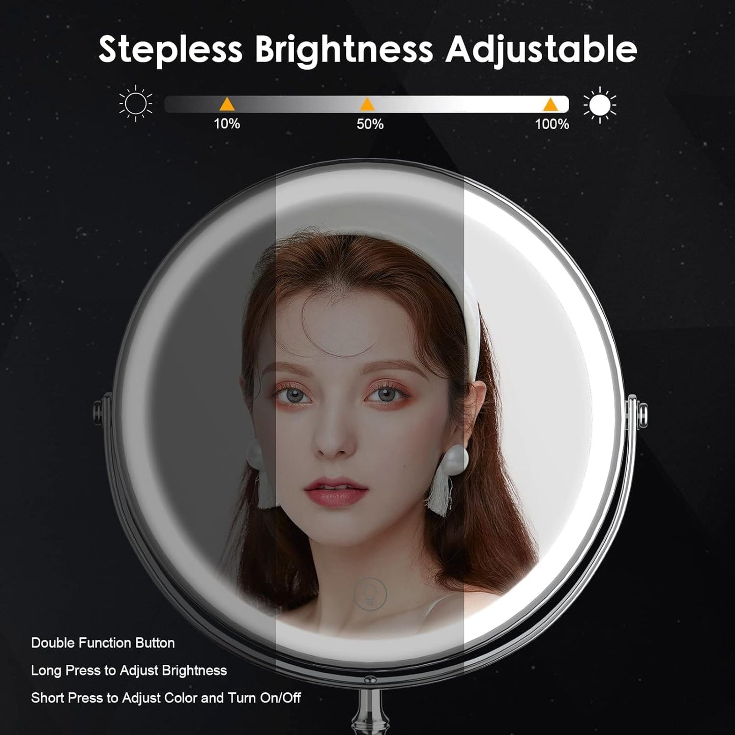Double-Sided Makeup Mirror - 3000mAh Rechargeable Vanity Mirror | 1X/10X Magnification, Adjustable Brightness, 3 Colors