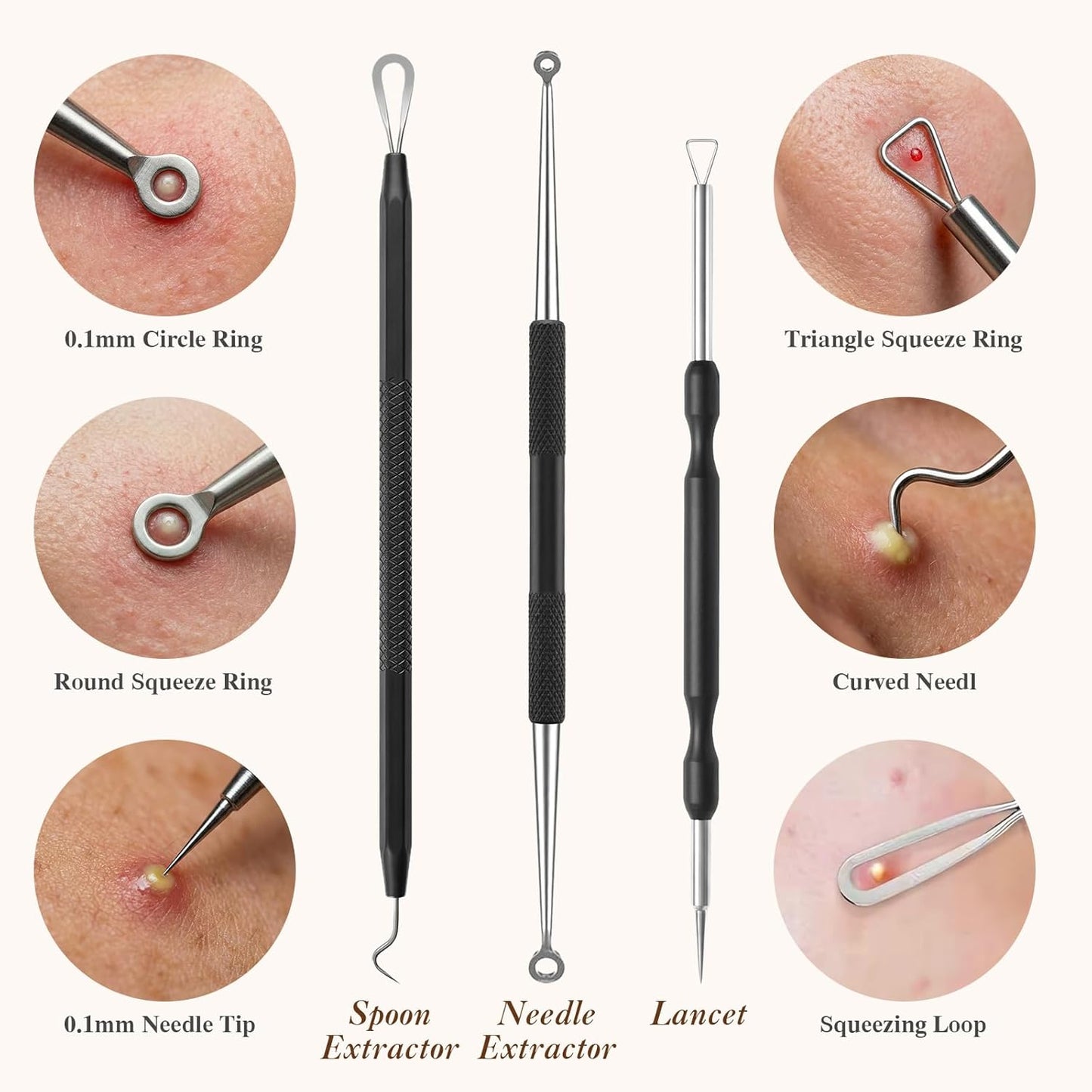 Pimple Extractor Tool Kit - 6 Stainless Steel Blackhead Remover Tools with Leather Case