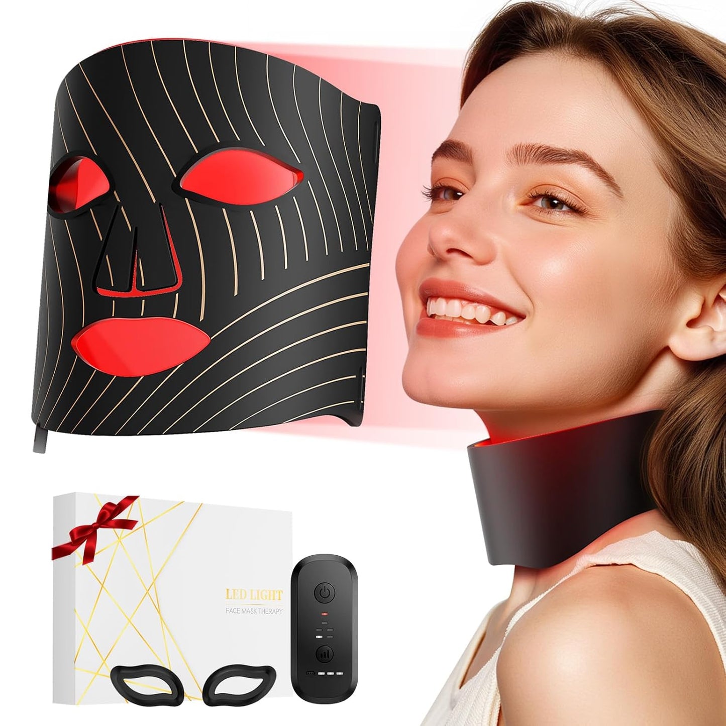 Red Light Therapy Face Mask - 3-in-1 LED Device with Neck Attachment, Rechargeable & Timer Function