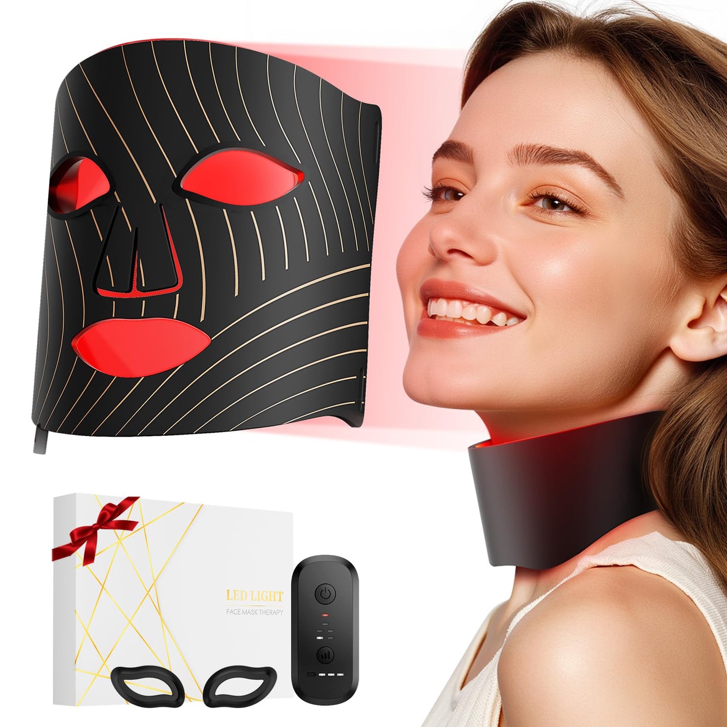 ONLUKY Red Light Therapy for Face,LED Face Mask Light Therapy with Neck Device,103 3-in-1 Light Beads,Remoter Rechargeable,Timing Function,Infrared Red Light Therapy Mask for Home
