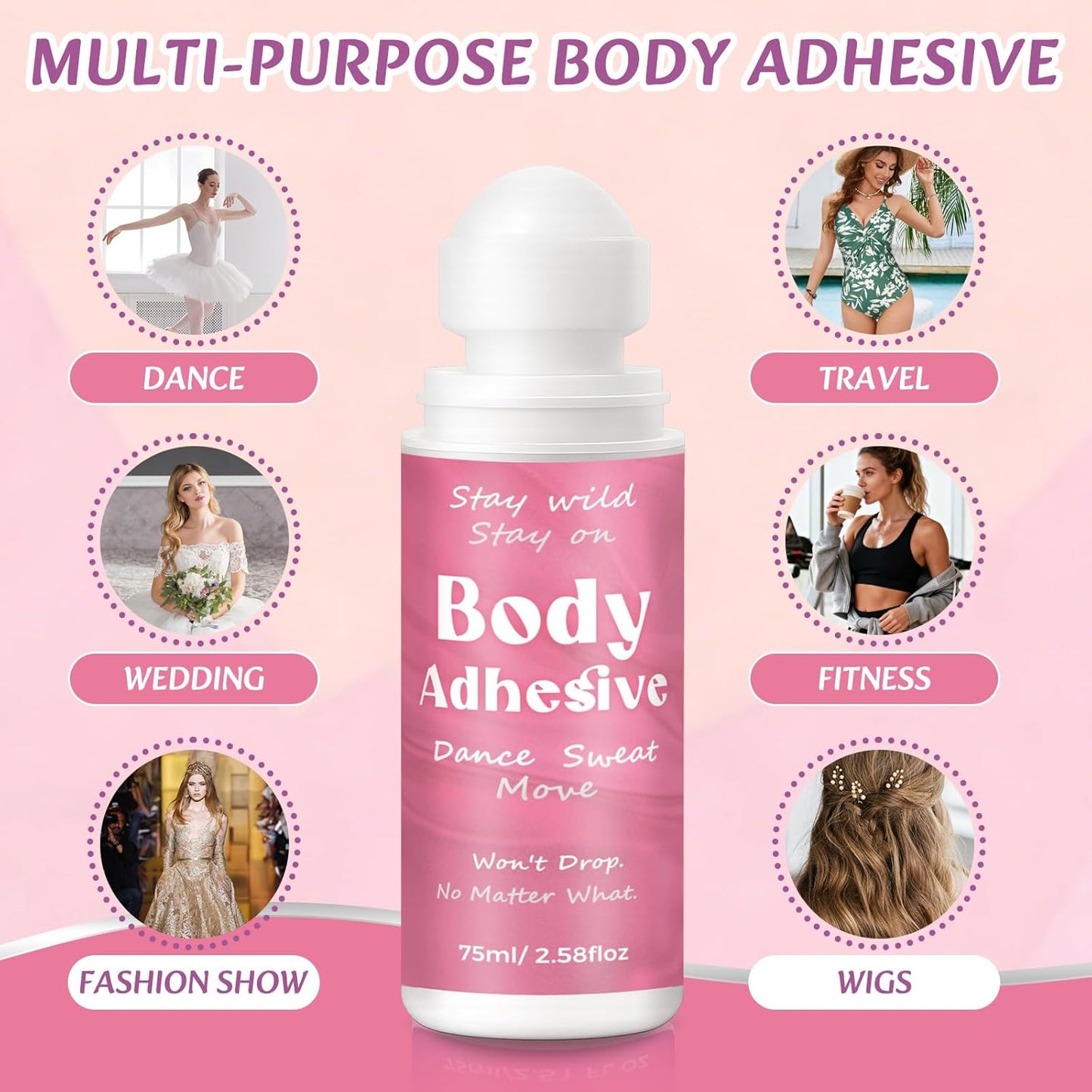 Body Adhesive Glue for Clothing & Skin - 2.58 Oz Roll-On, Sweat Resistant & Washable Fashion Tape for Dancers, Leotards & Costumes