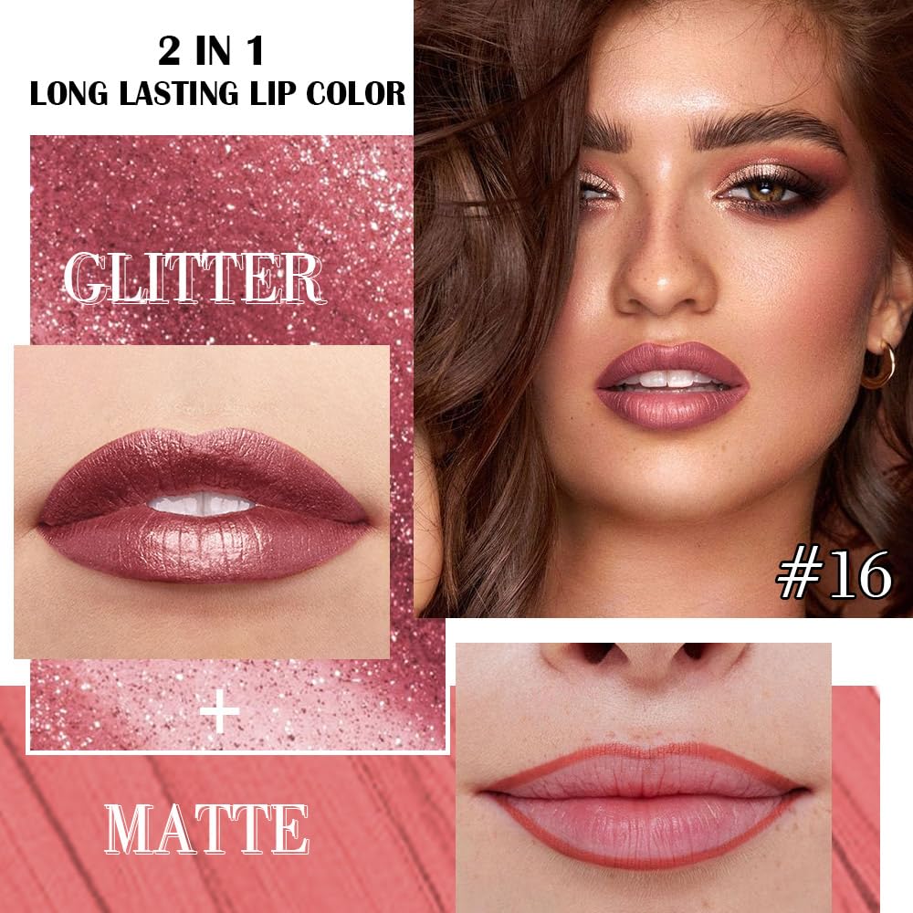 Kaely 2-in-1 Mauve Metallic Lipstick and Lip Liner Makeup, Shimmer Liquid Metallic Lipsticks for Women, Glitter Lip Gloss Stain Long Lasting Waterproof Smudge Proof 24 Hour, Vegan & Cruelty-Free, 16