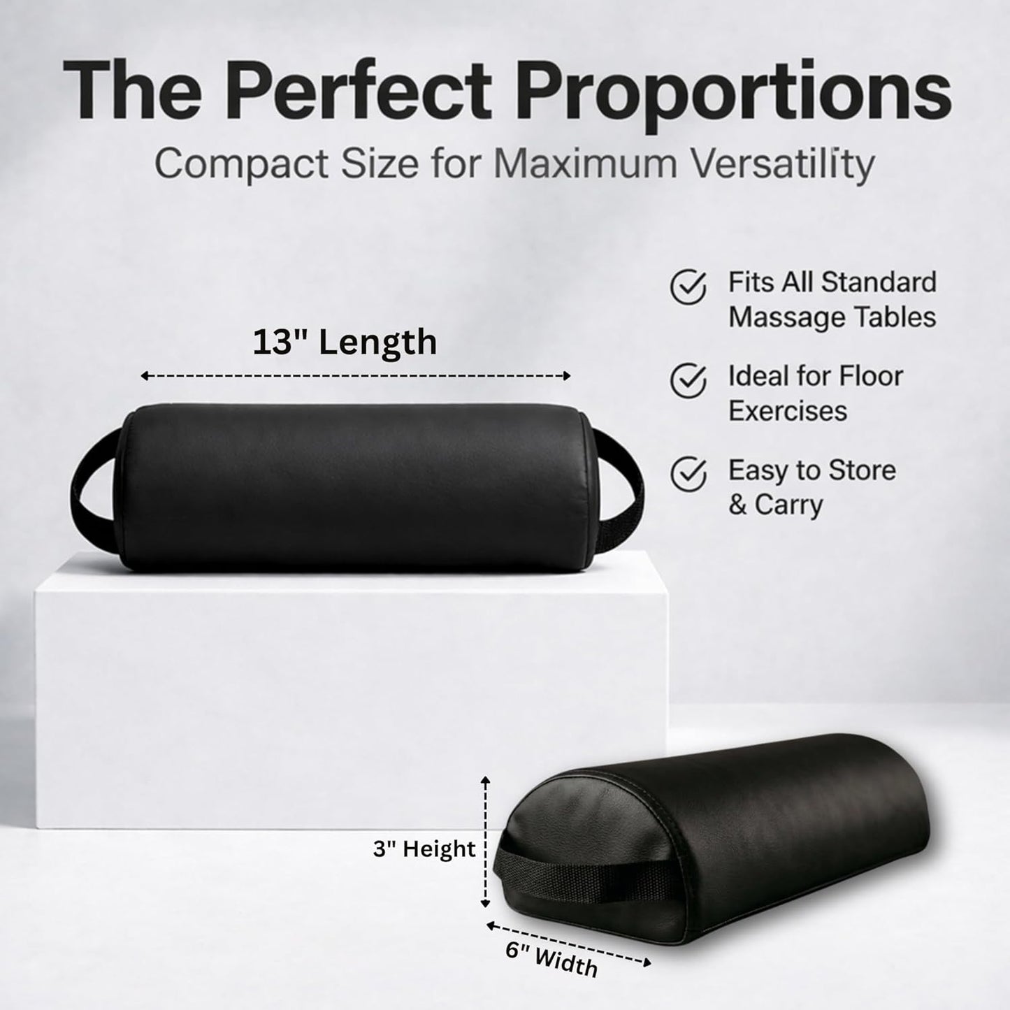 Premium Half-Round Neck Bolster Pillow - High-Density Foam Support Cushion for Massage Table | Black, 6"W x 3"H x 13"L